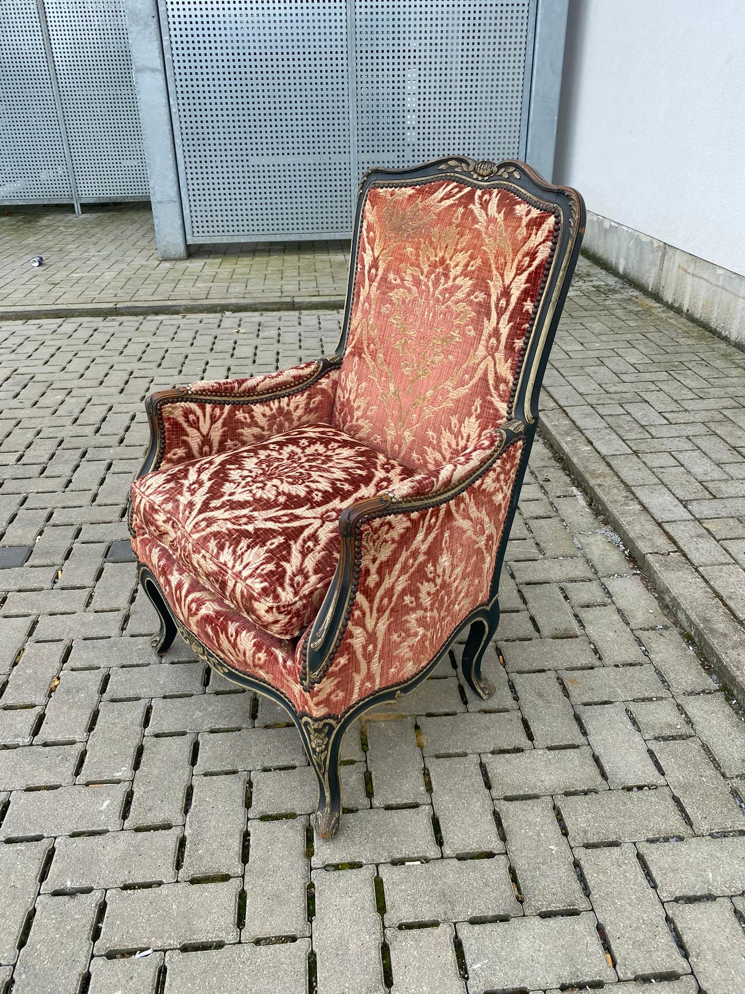 Patinated Bergere armchair in Louis XV style, in painted and patinated wood, Napoleon III  For Sale