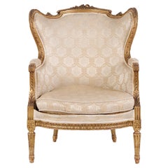 Fauteuil Bergère de style Louis XVI en bois doré et tissu Light de 1860