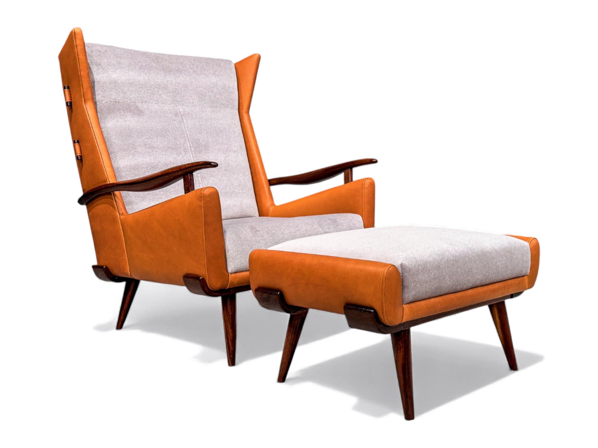 Sillón y otomana Bergere en madera, cuero y mohair, Jorge Zalszupin, años 50 en venta 2