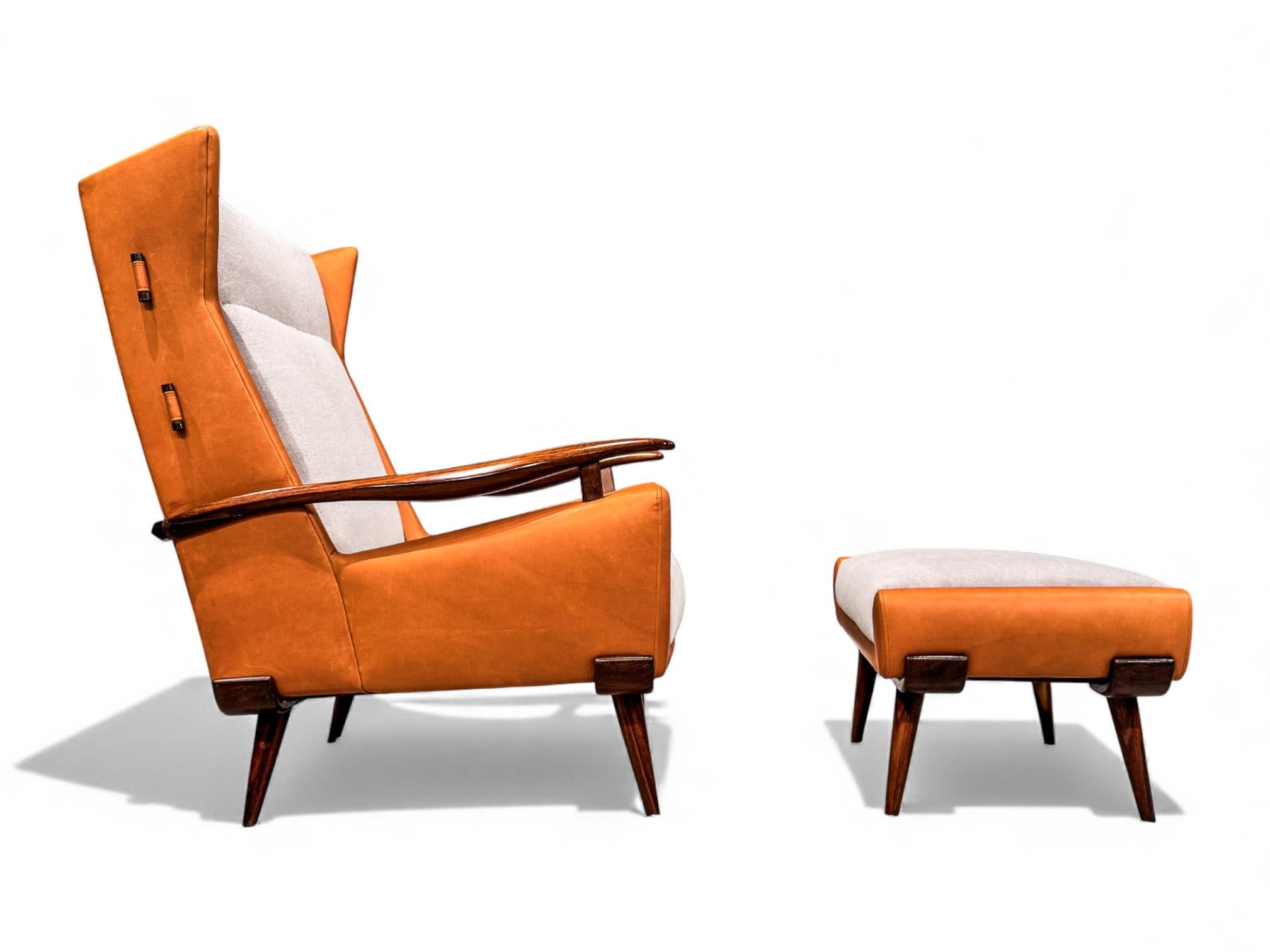 Sillón y otomana Bergere en madera, cuero y mohair, Jorge Zalszupin, años 50 Madera dura en venta