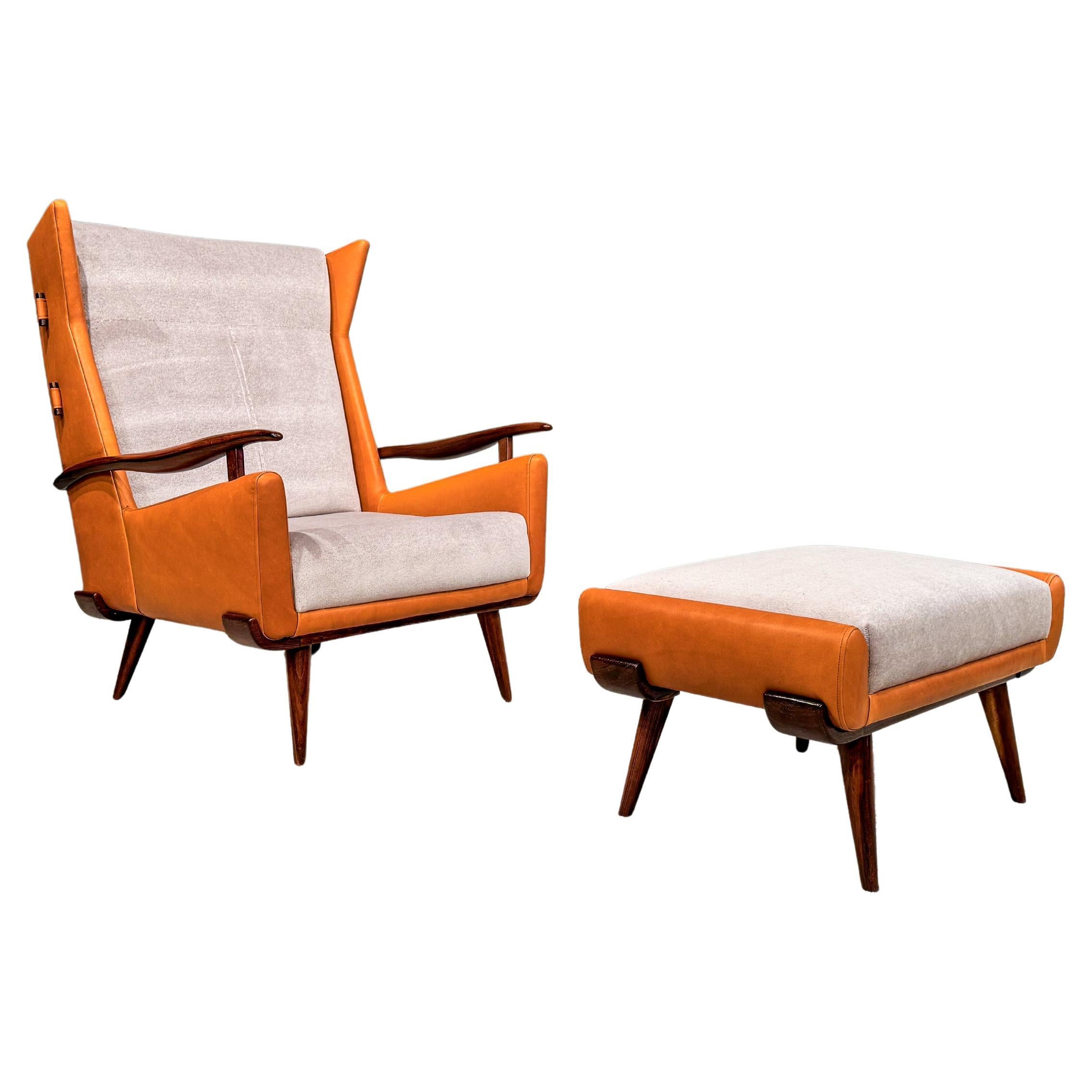 Fauteuil et ottoman Bergère en bois dur, cuir et mohair, Jorge Zalszupin, années 1950