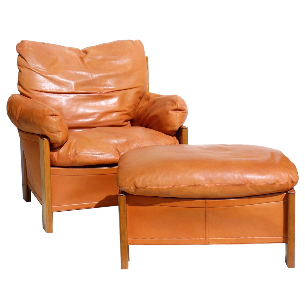 1970 "Bergere" Brown Leather Armchair & Ottoman Afra Tobia Scarpa for Max Alto