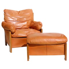 1970 "Bergere" Brown Leather Armchair & Ottoman Afra Tobia Scarpa for Max Alto