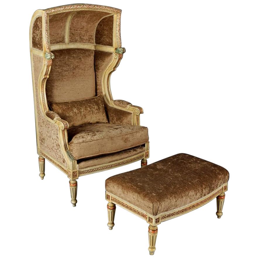 Bergère/Sessel mit Hocker aus massivem Buchenholz im Louis-XVI-Stil, geschnitzt im Angebot