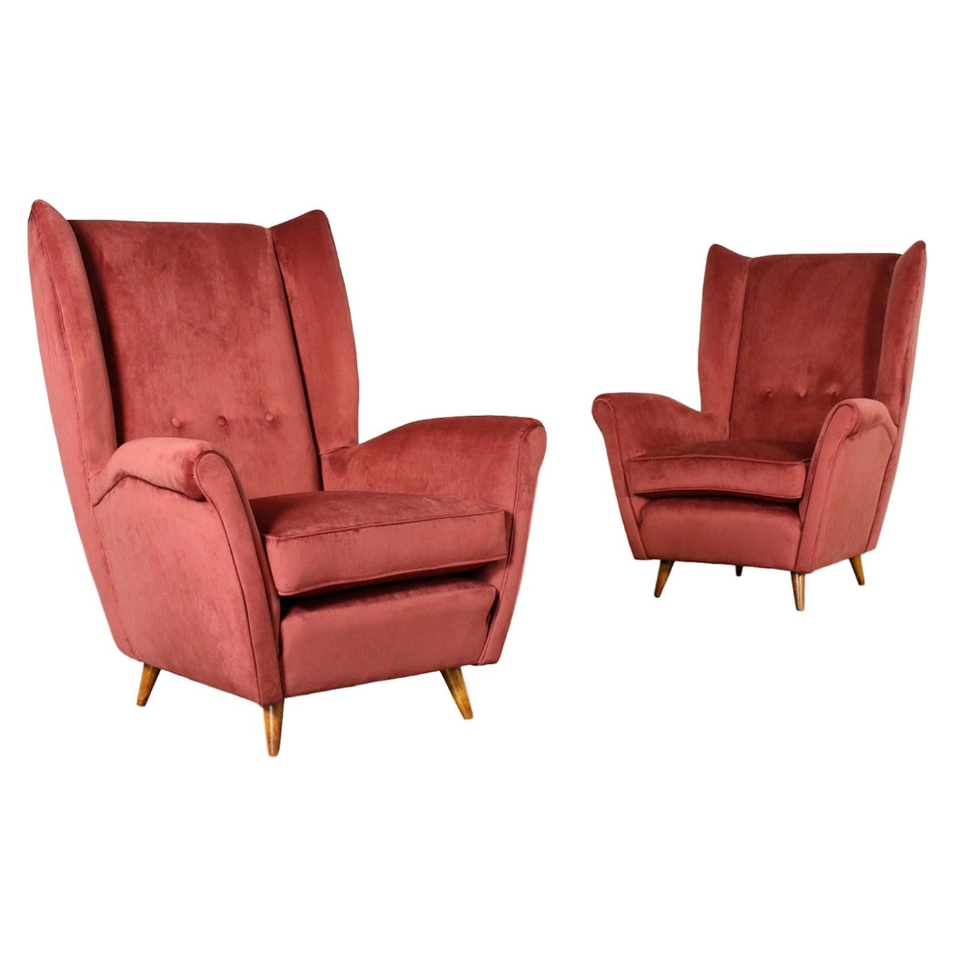 Bergère Armchairs Foam Springs Wood Velvet, Italy, 1950s For Sale