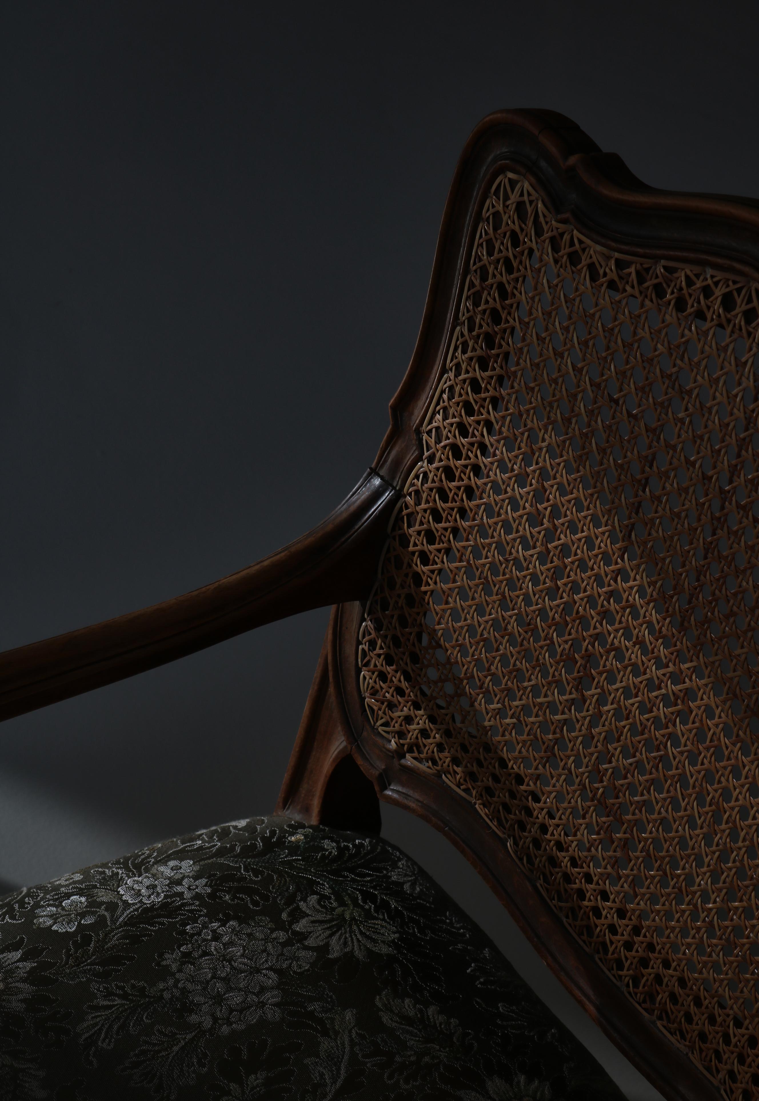 Etonnant fauteuil Bergére néo-rococo, probablement réalisé au Danemark au début du 20e siècle par un ébéniste. Fabriqué en bois de noyer massif avec dossier cannage en osier. Tapissé d'un magnifique tissu de soie brodé de motifs floraux. Coussin de
