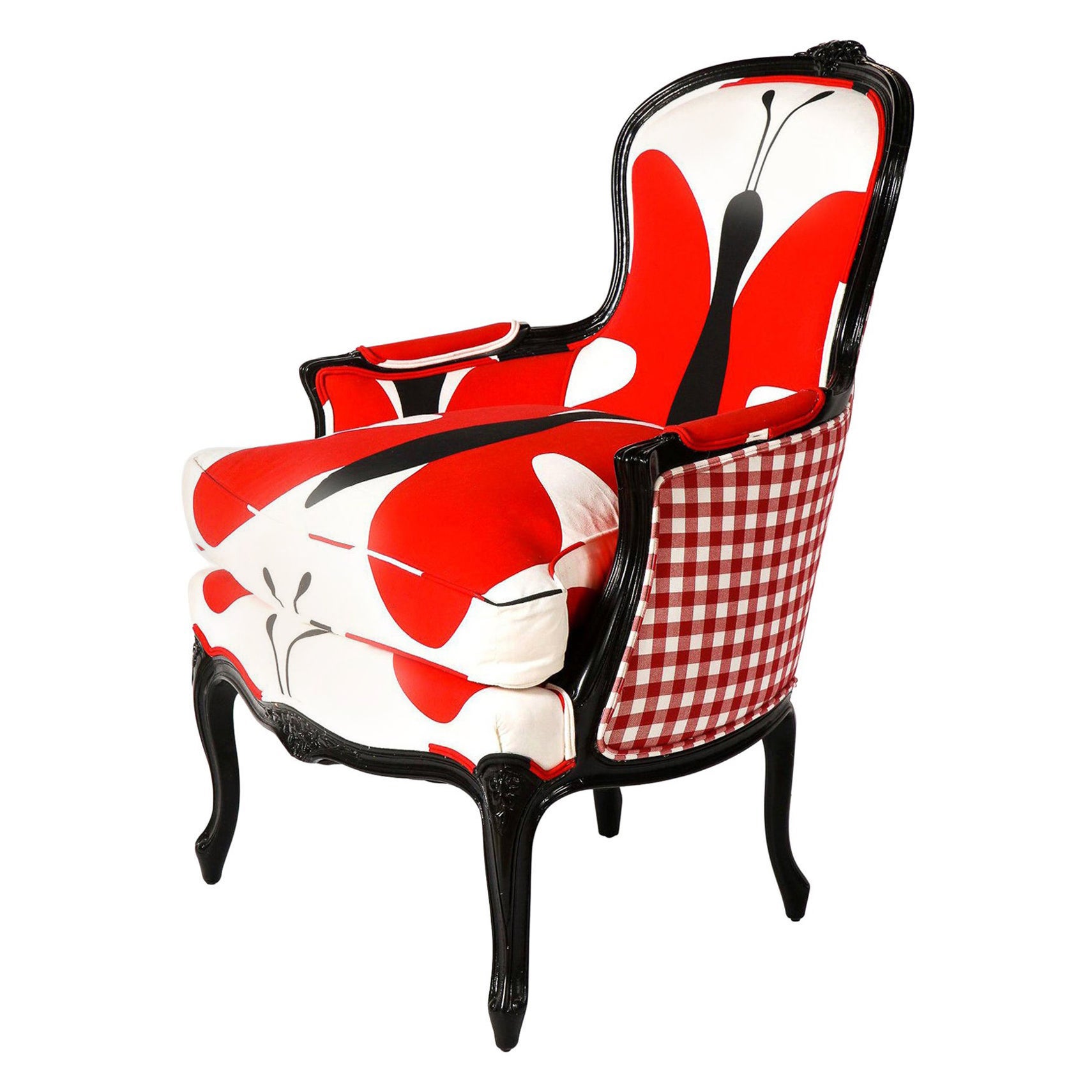 Bergère Chair with Black Lacquered Wood, Red, White & Black Printed Fabrics