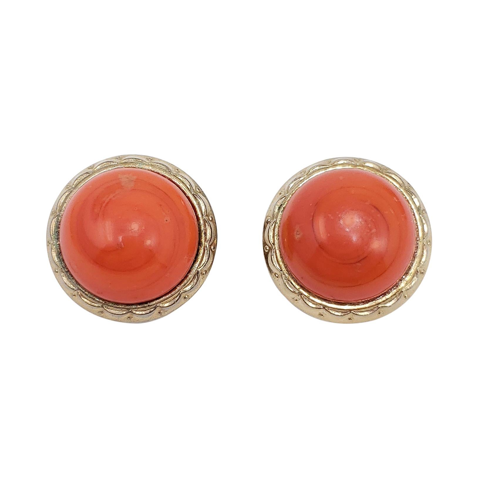 Bergere Gold Coral Cabochon Clip on Earrings, 1960s