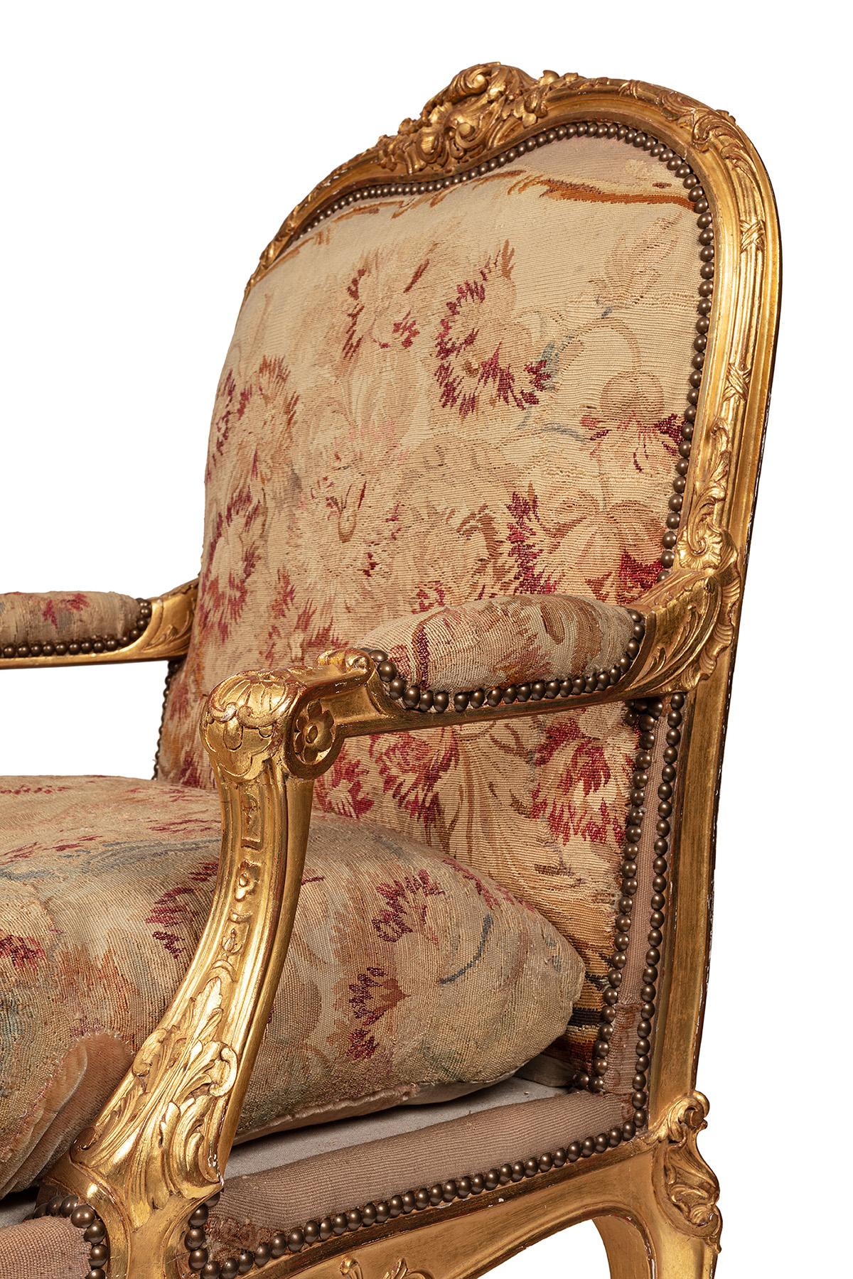An extremly rare bergere upholster with aubusson tapisterie louis XIV style in giltwood, very confortable, the carving of this bergere is whismical.,its very rare that the tapistery is in very good condition and was never touch