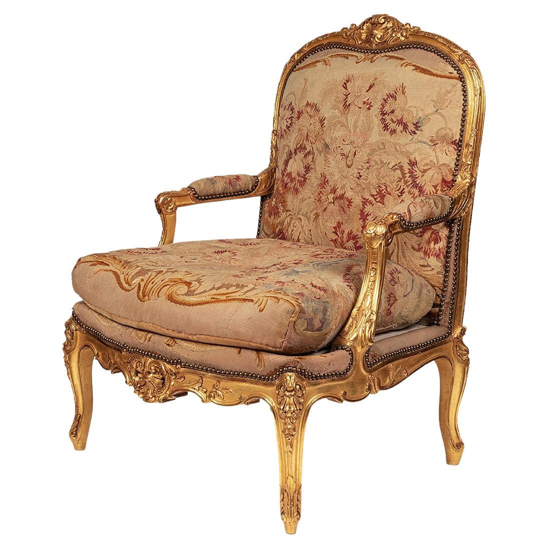 Bergere in Giltwood Style Louis XIV Aubusson Tapestry