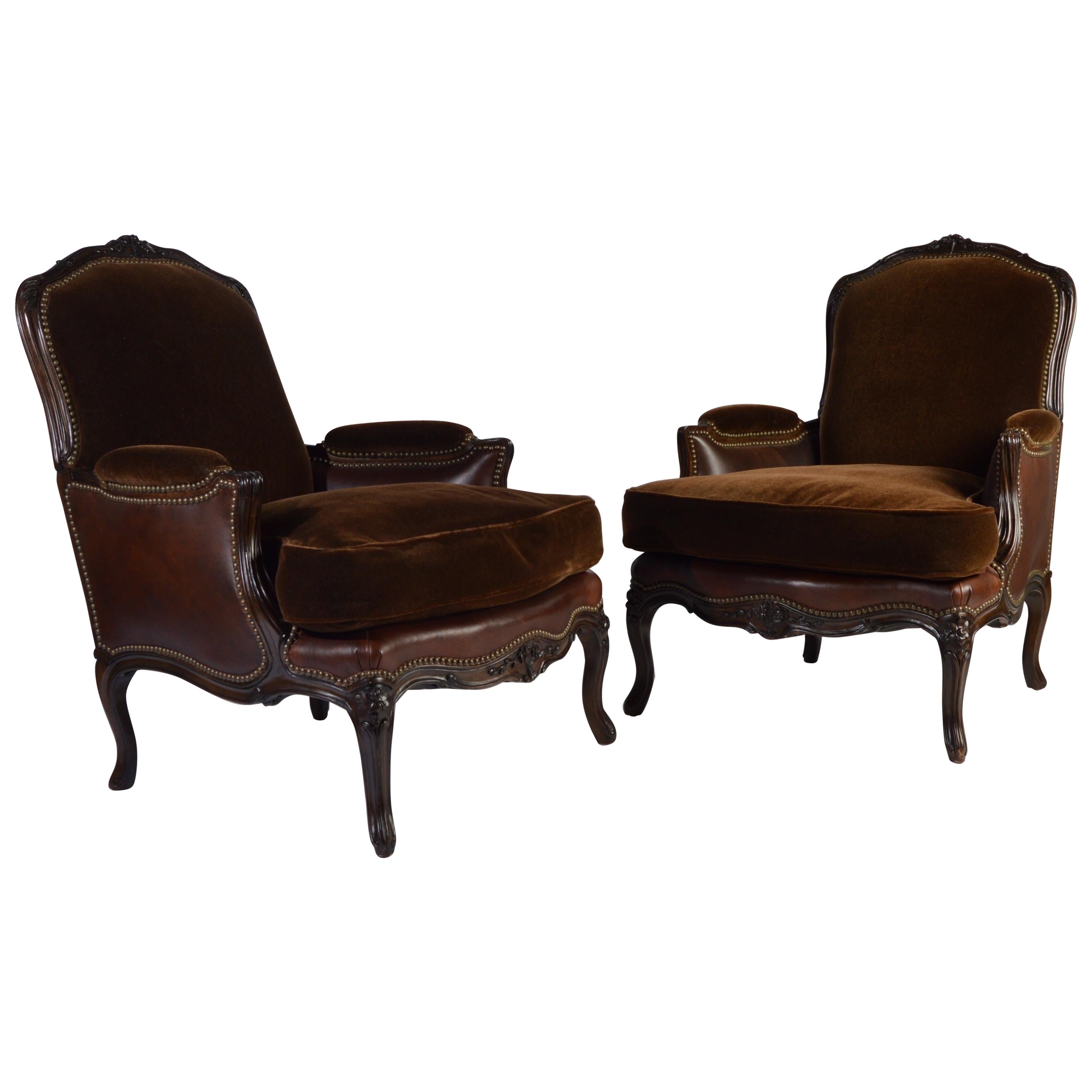 Bergère Louis XV Style Chairs in Mohair and Leather by Henredon