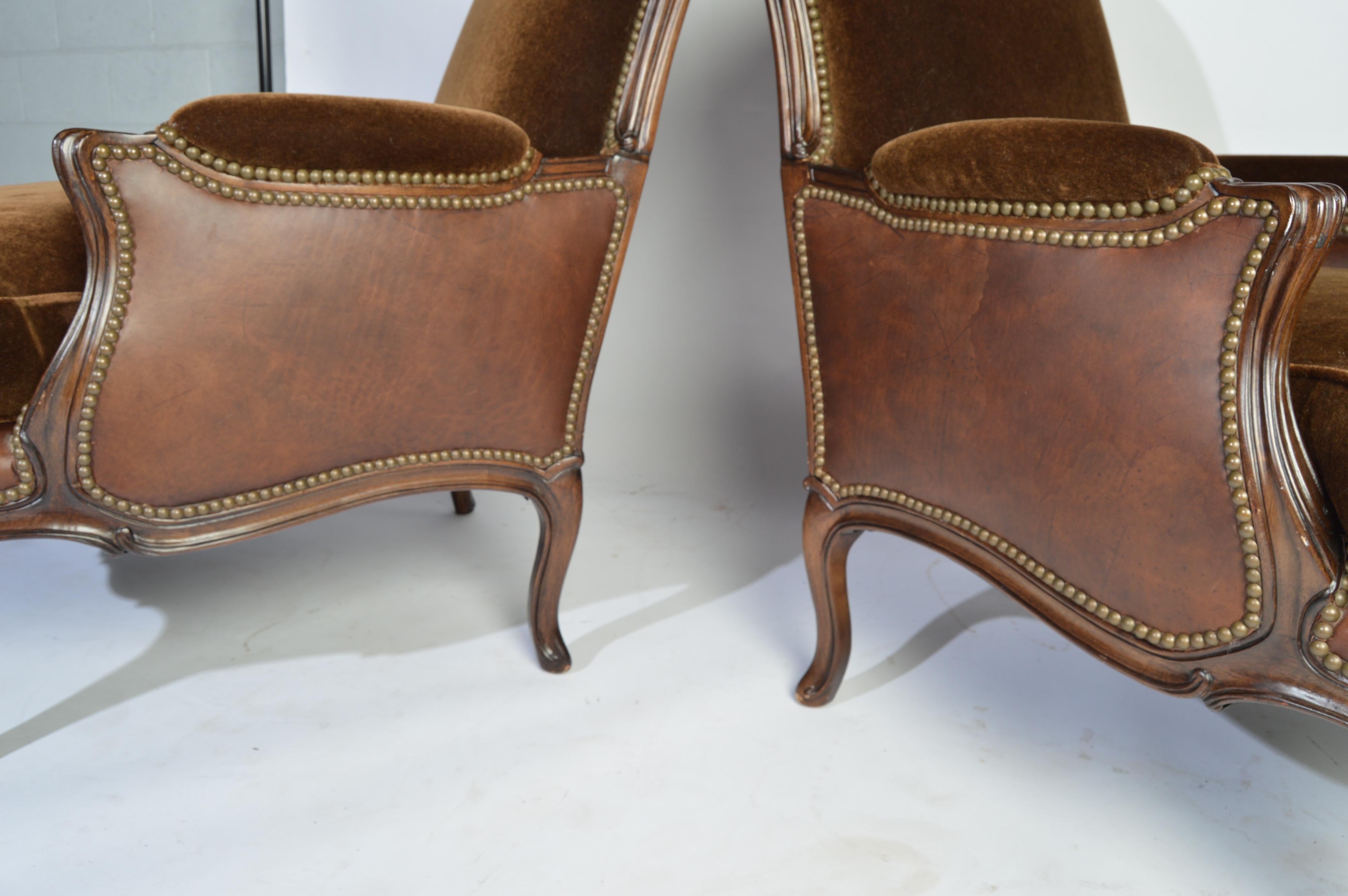 American Bergère Louis XV Style Chairs in Mohair and Leather by Henredon