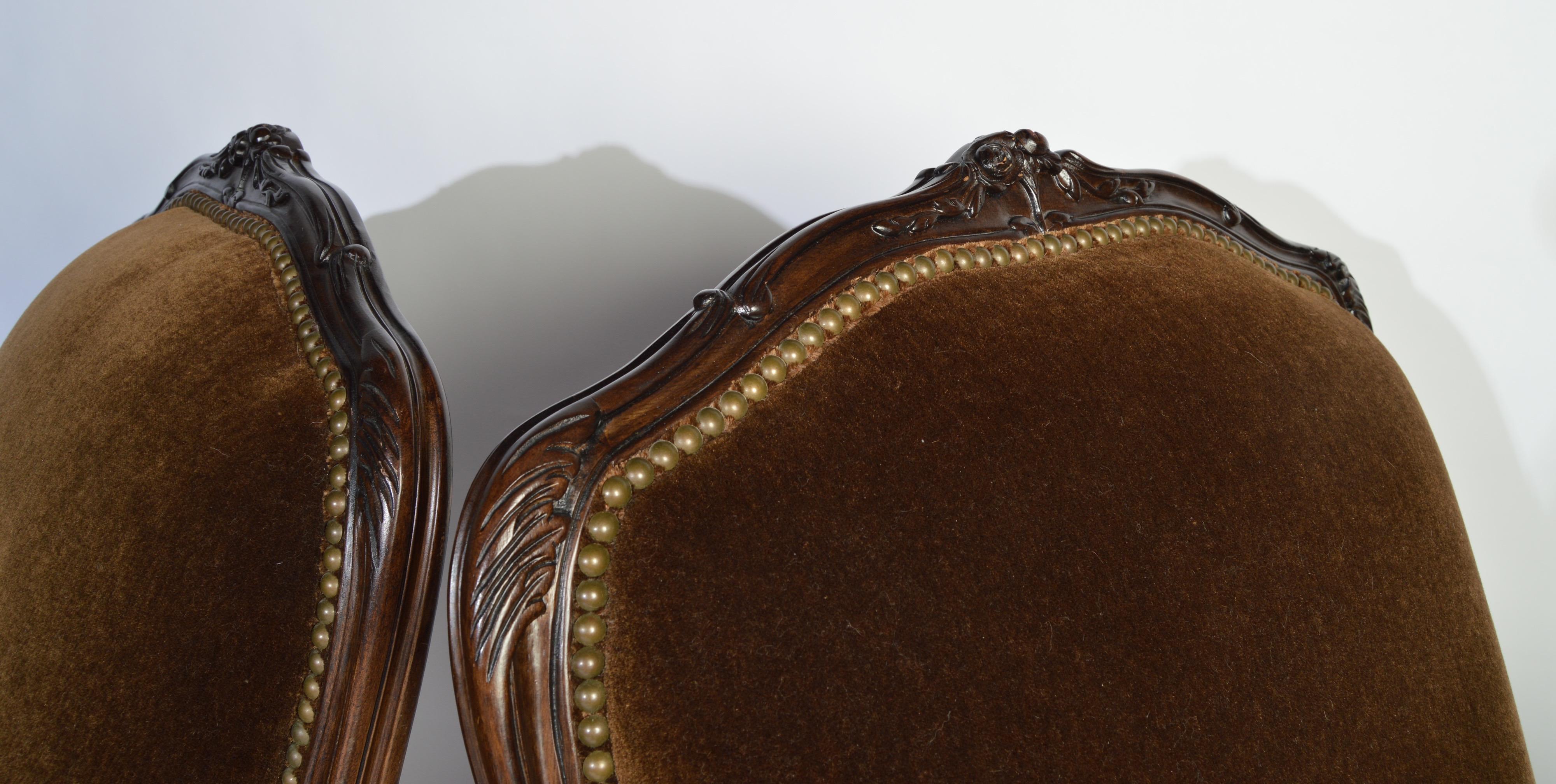 Late 20th Century Bergère Louis XV Style Chairs in Mohair and Leather by Henredon