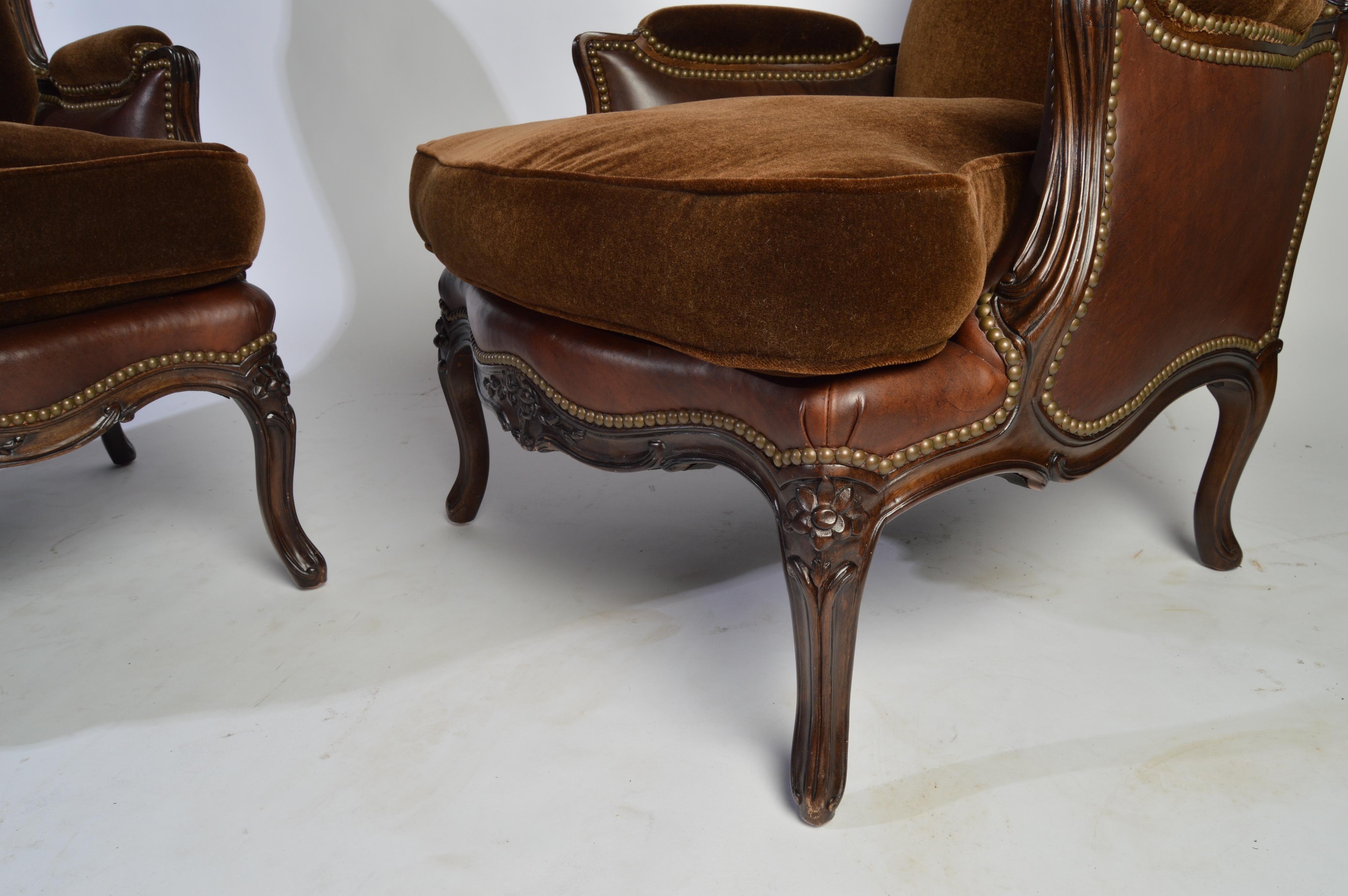 Bergère Louis XV Style Chairs in Mohair and Leather by Henredon 1