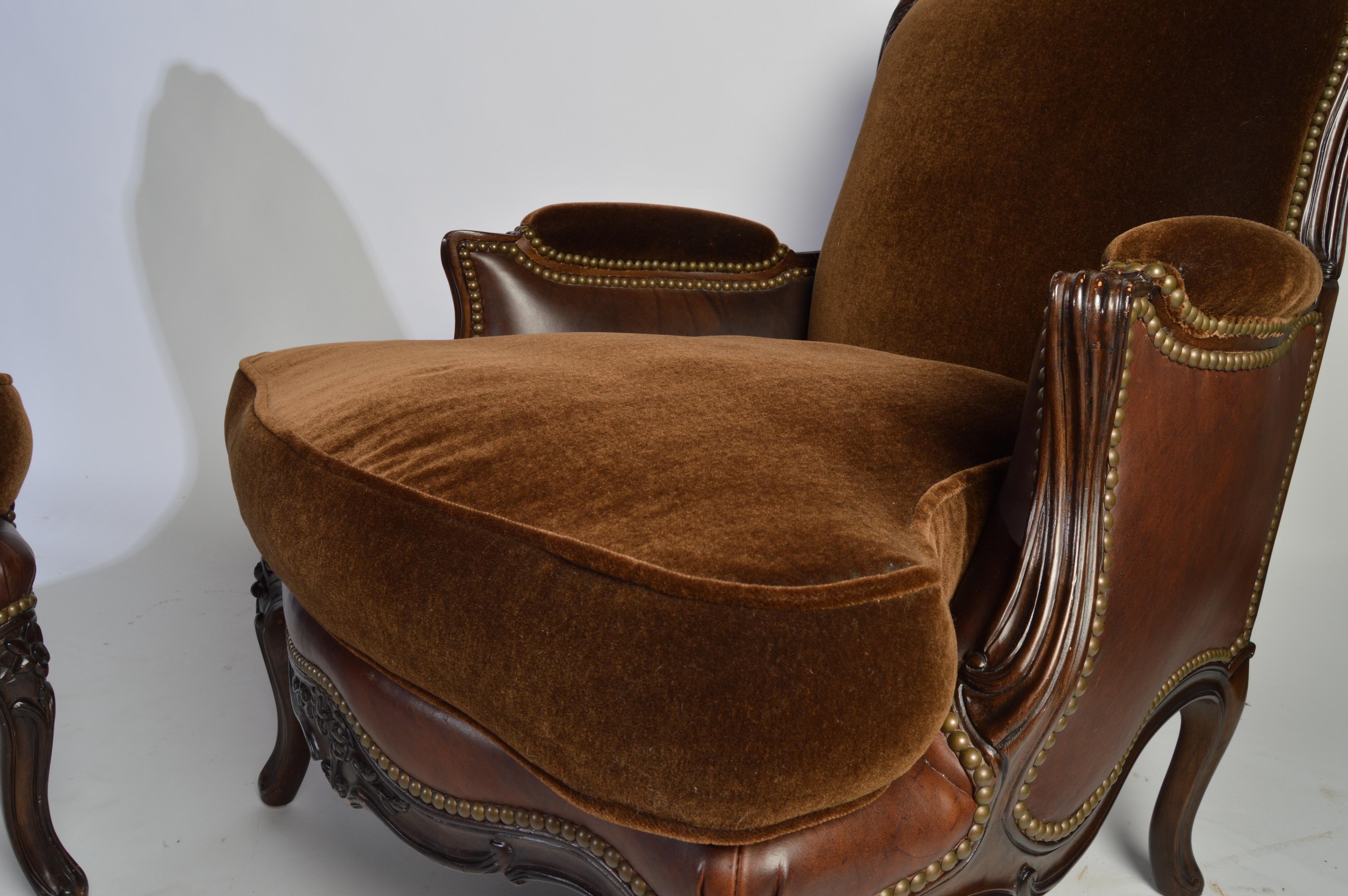 Bergère Louis XV Style Chairs in Mohair and Leather by Henredon 2