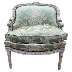 Bergère Louis XVI Period – Lacquered Wood & Celadon Damask Silk