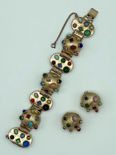 Bergère, New York, 1950s Gold and Jeweled Bracelet and Earring Set