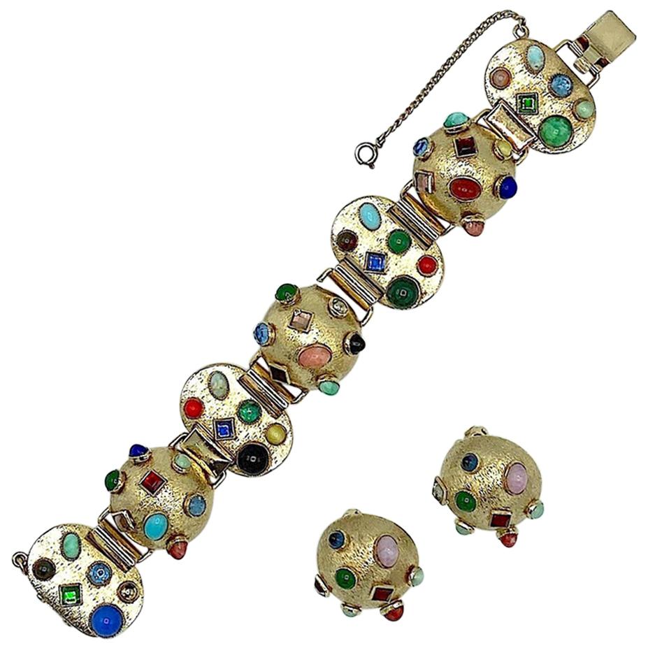 Bergère, New York, 1950s Gold and Jeweled Bracelet and Earring Set