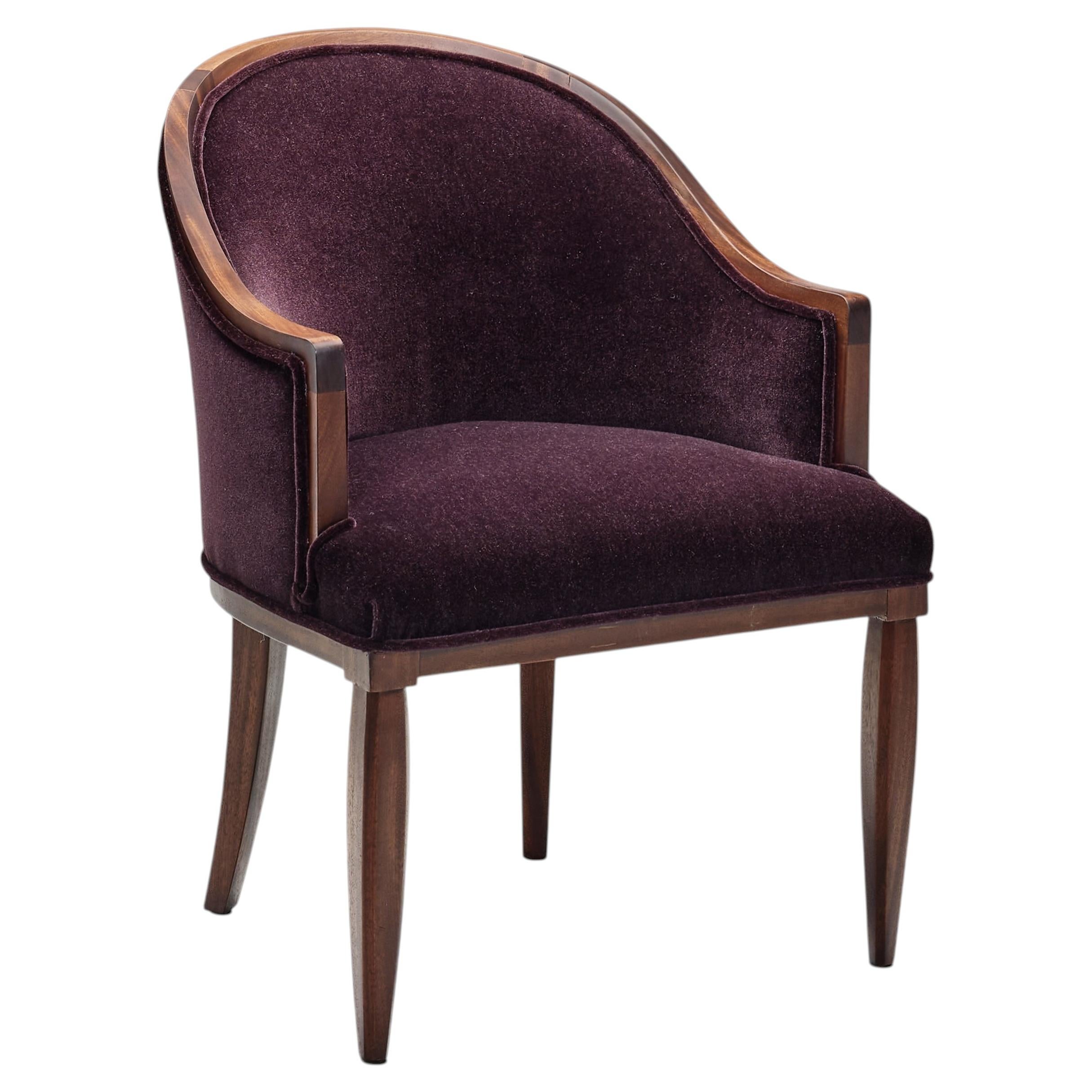 Bergère Style Chair with Purple Upholstery, France 1920s For Sale