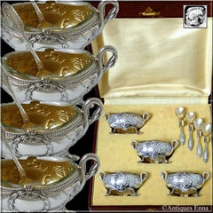 Bergeron French Sterling Silver 18k Gold Four Salt Cellars, Spoons, Box, Swans