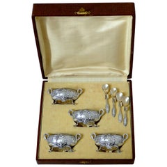 Antique Bergeron French Sterling Silver 18k Gold Four Salt Cellars, Spoons, Box, Swans