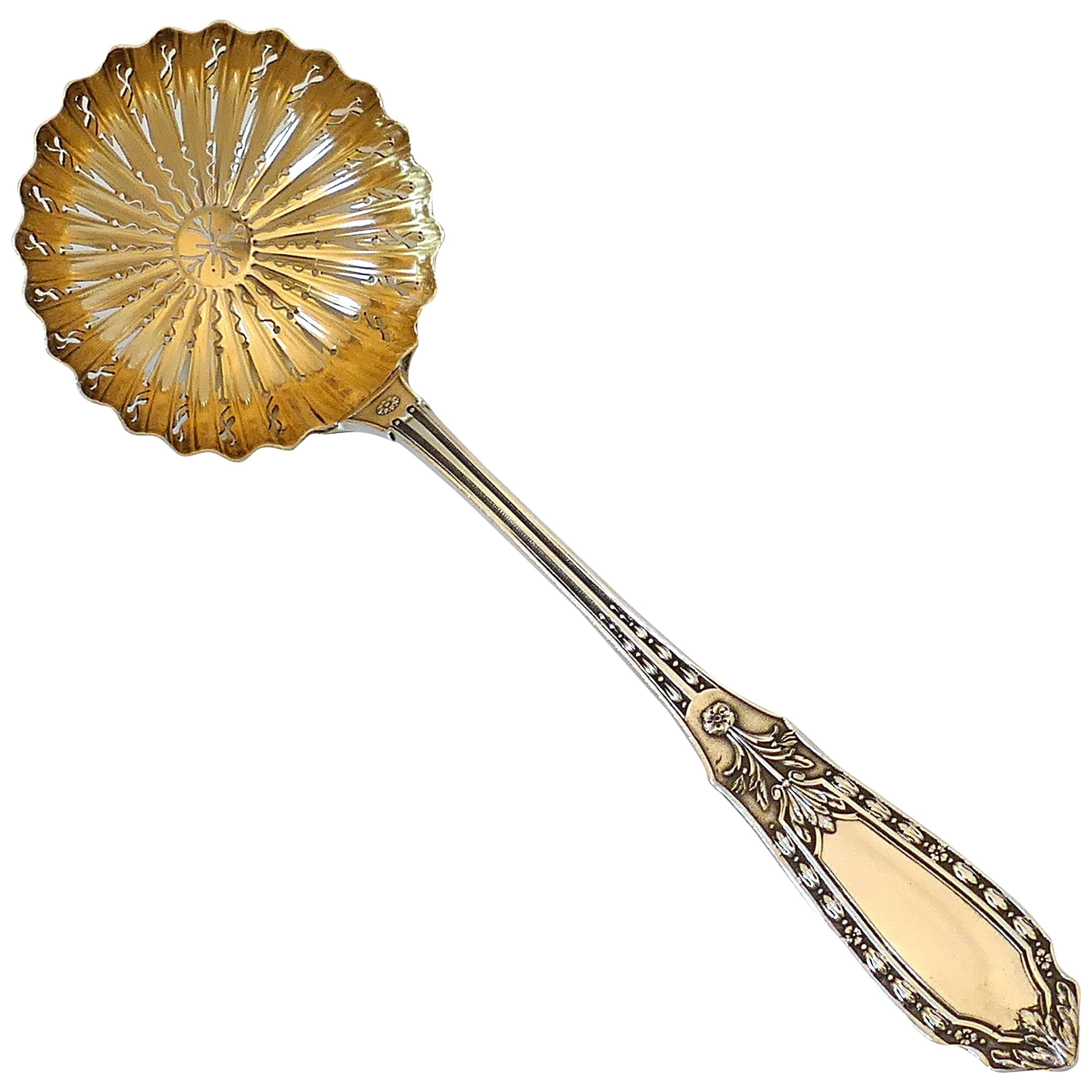 Bergeron French Sterling Silver 18-Karat Gold Sugar Sifter Spoon, Renaissance For Sale
