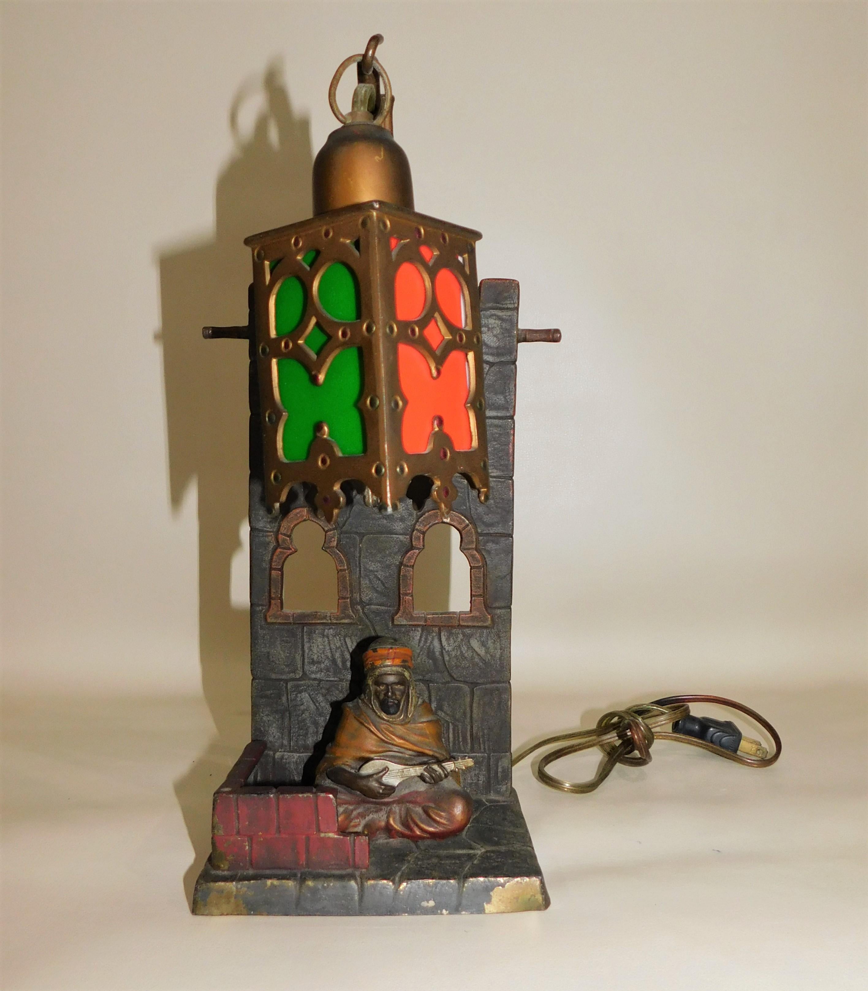 Bergman Style Bronce Viennese Arabian Lute Player Lamp In Good Condition For Sale In Hamilton, Ontario