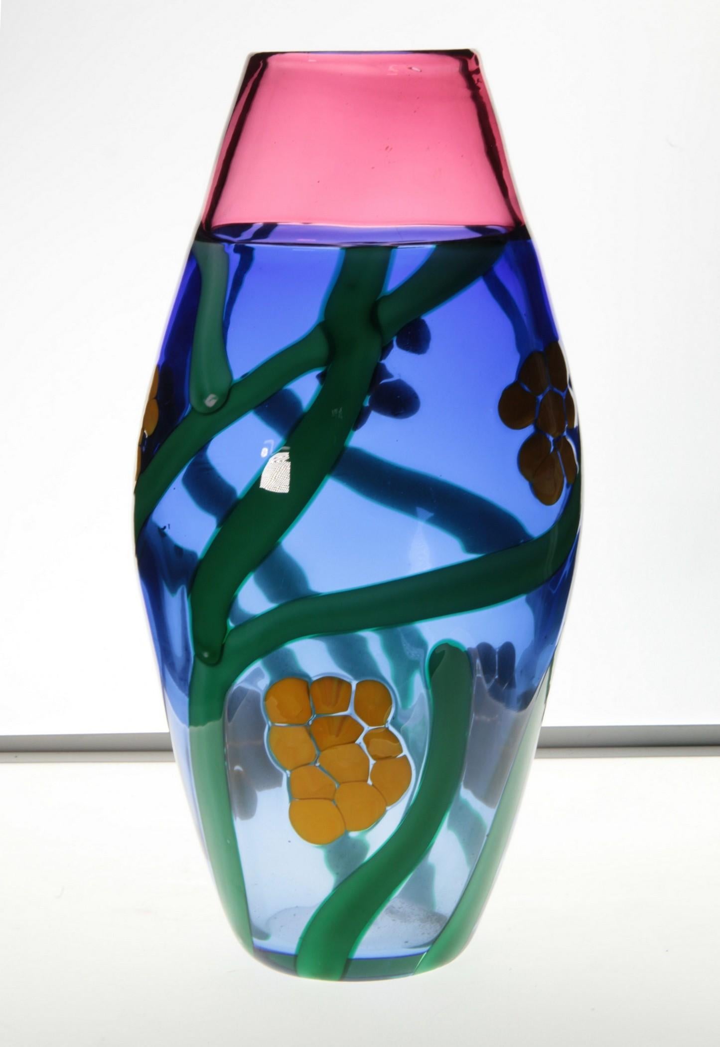 Mid-Century Modern Berit Johansson for Pauly:: Vase Incalmo en Murano:: motif de fleurs de mimosa:: Signé