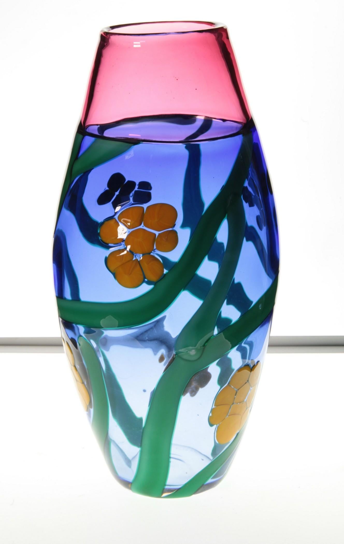 Italian Berit Johansson for Pauly, Murano Incalmo Vase, Design of Mimosa Flowers, Signed