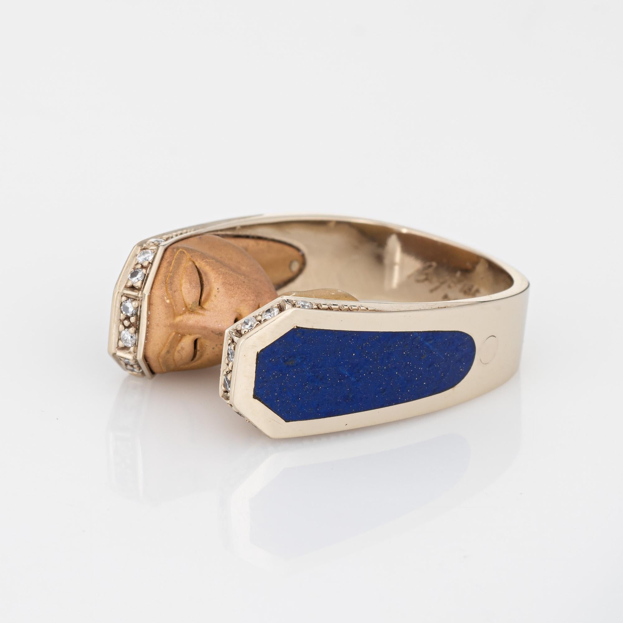Modern Berjo Kissing Ring Estate 18k Yellow Gold Diamond Inlaid Lapis Lazuli 8.5 Faces
