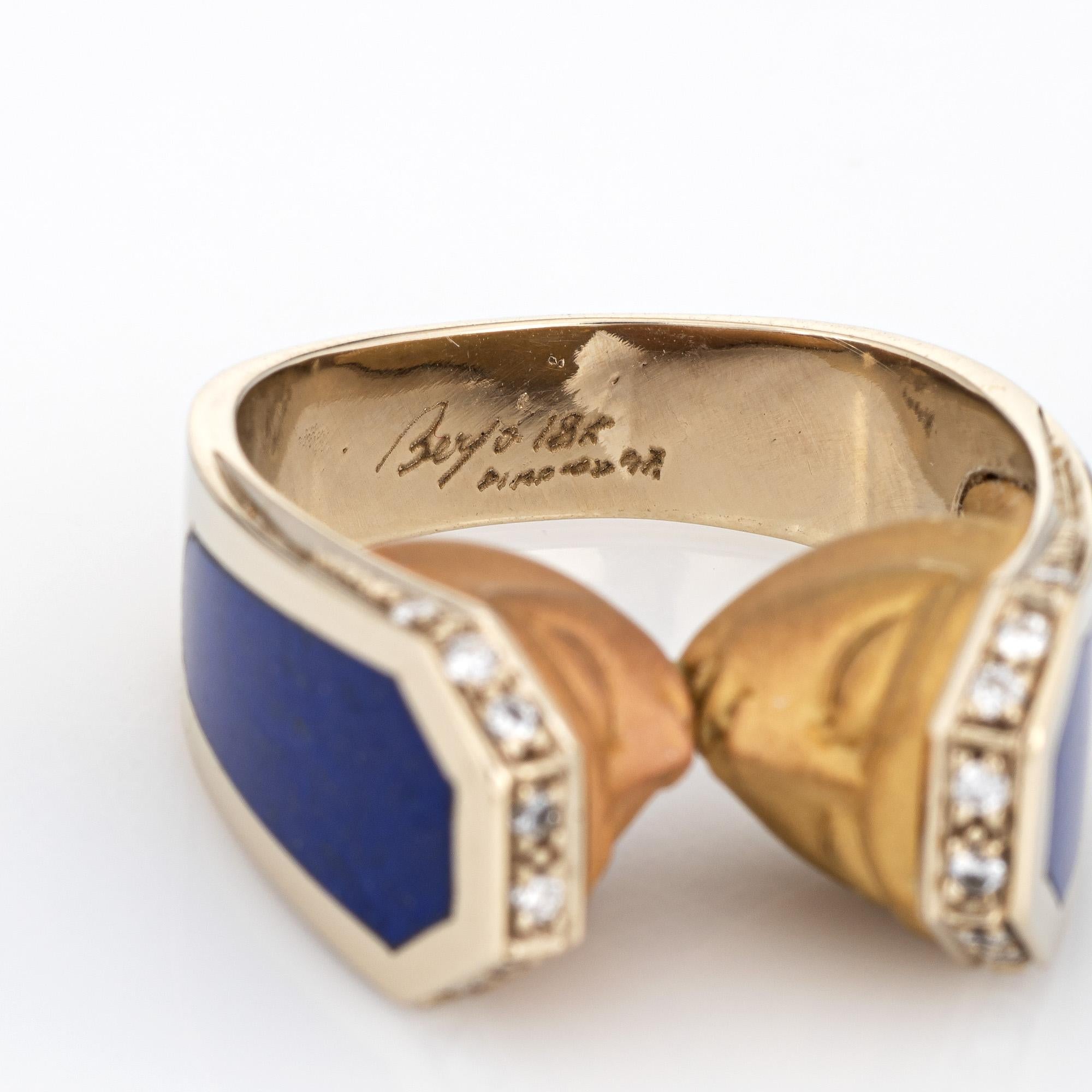 Women's Berjo Kissing Ring Estate 18k Yellow Gold Diamond Inlaid Lapis Lazuli 8.5 Faces
