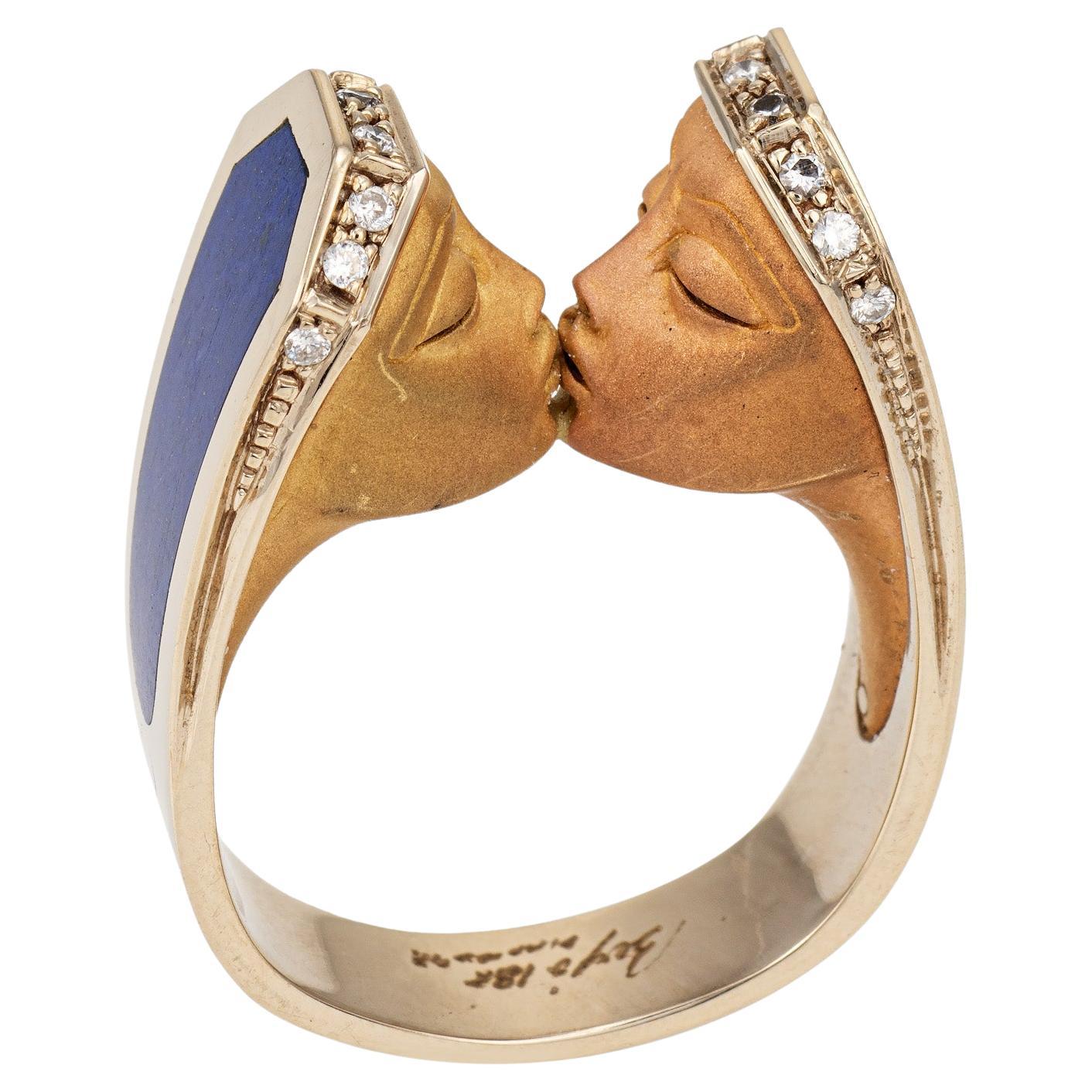 Berjo Kissing Ring Estate 18k Yellow Gold Diamond Inlaid Lapis Lazuli 8.5 Faces