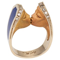 Vintage Berjo Kissing Ring Estate 18k Yellow Gold Diamond Inlaid Lapis Lazuli 8.5 Faces