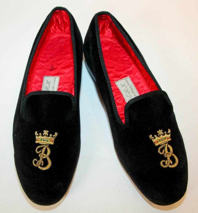 BERK of Burlington London Black Embroidery Velvet Slip On Loafers Size 9  For Sale at 1stDibs