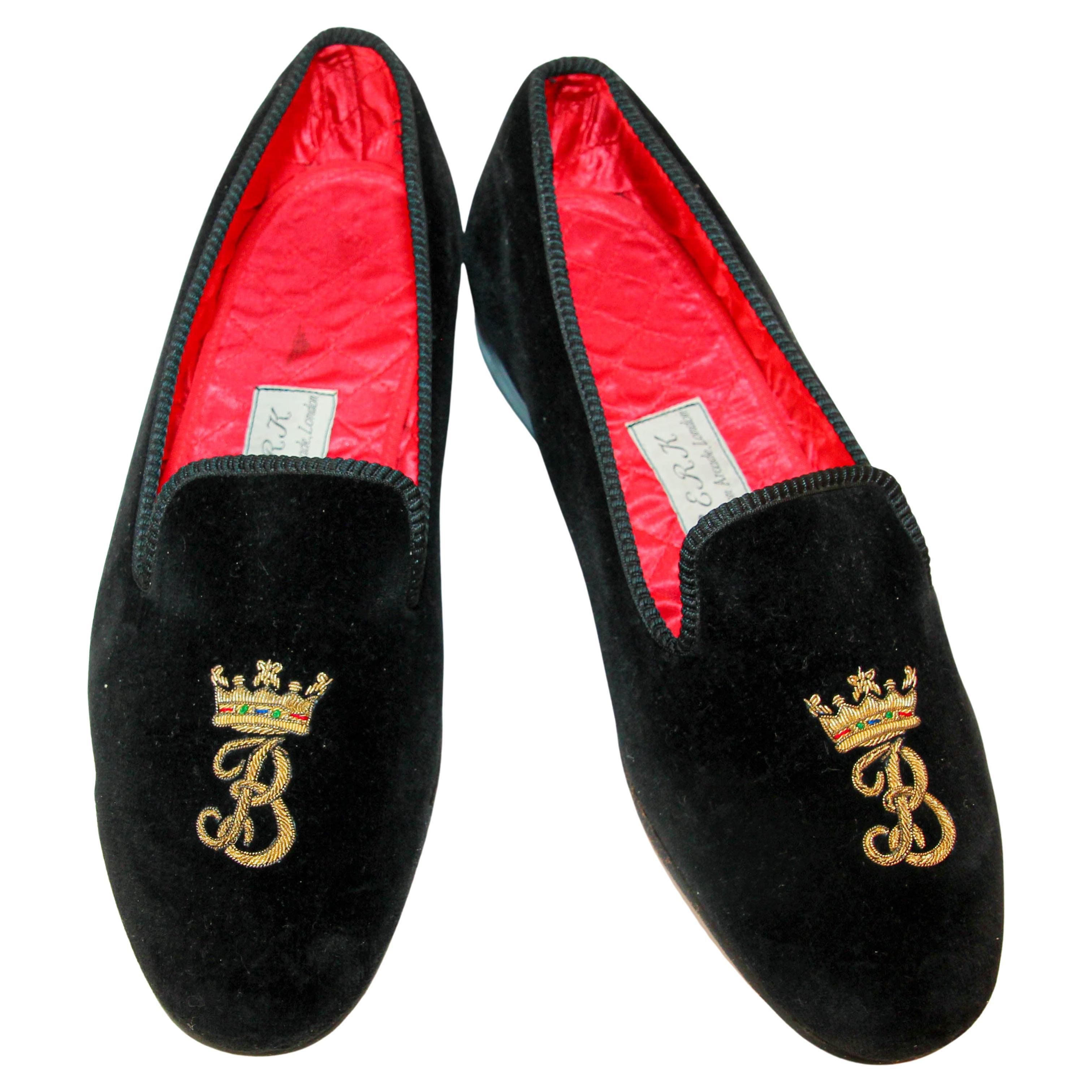 BERK of Burlington London Black Embroidery Velvet Slip On Loafers Size 9 For Sale