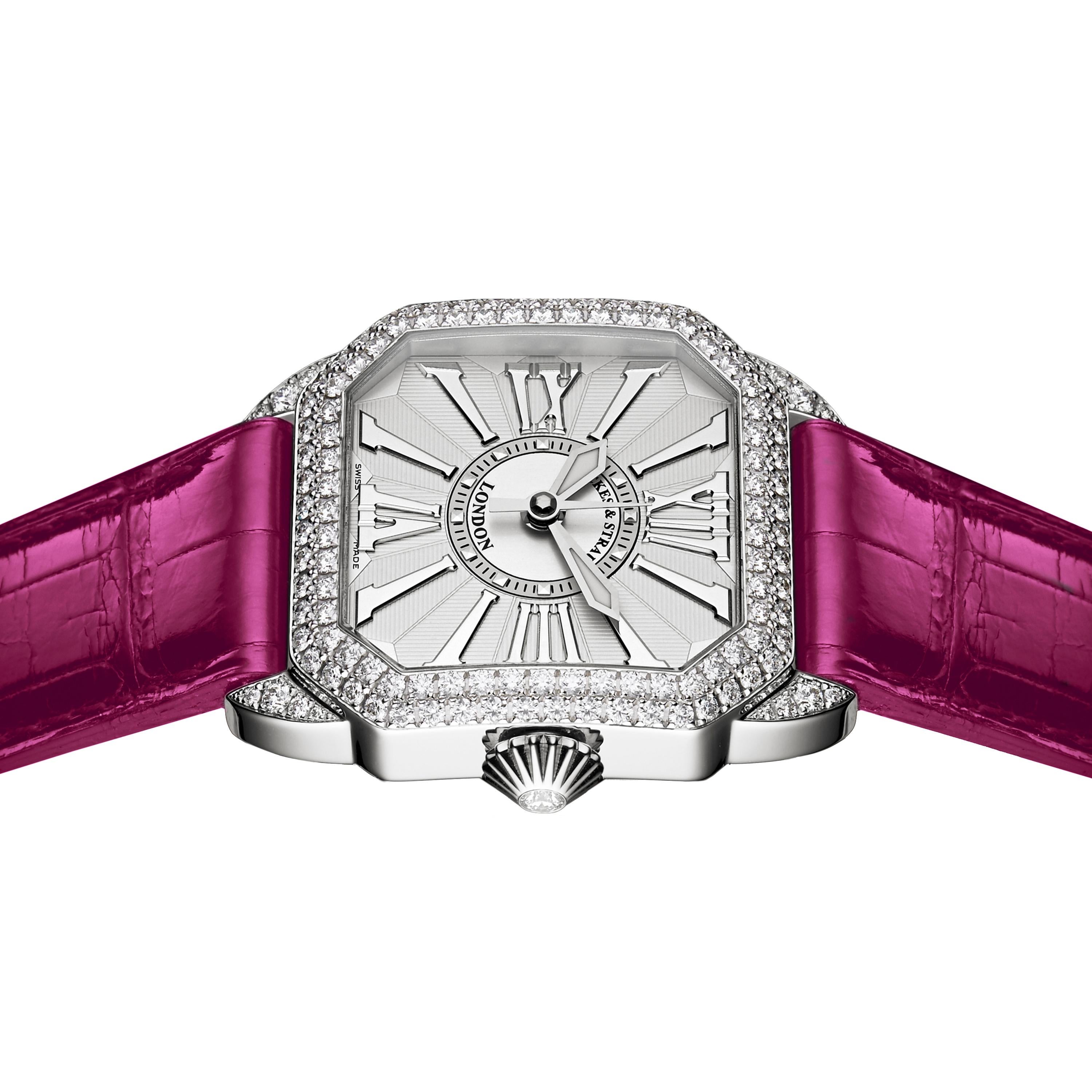 Berkeley 37 is a luxury diamond watch for women crafted in 18kt white gold, featuring the white dial with white gold Roman numerals, automatic movement. The case, buckle and crown are set with white Ideal Cut diamonds. It is a 37 mm elegant watch