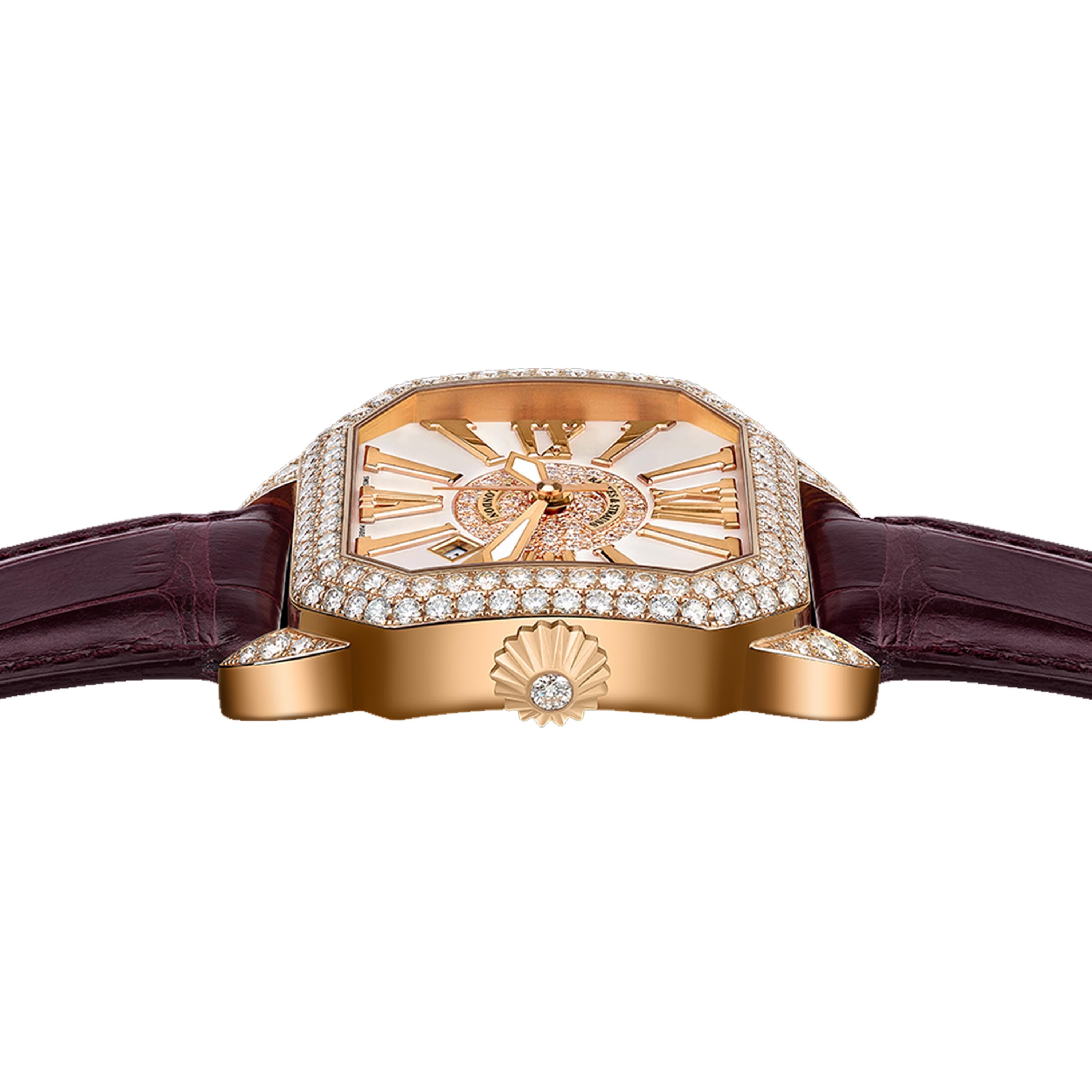 Berkeley 40 is a luxury diamond watch for men and women crafted in 18kt rose gold, featuring the mother-of-pearl dial with rose gold Roman numerals, automatic movement. The case, dial, buckle and crown are set with white Ideal Cut diamonds. It is a
