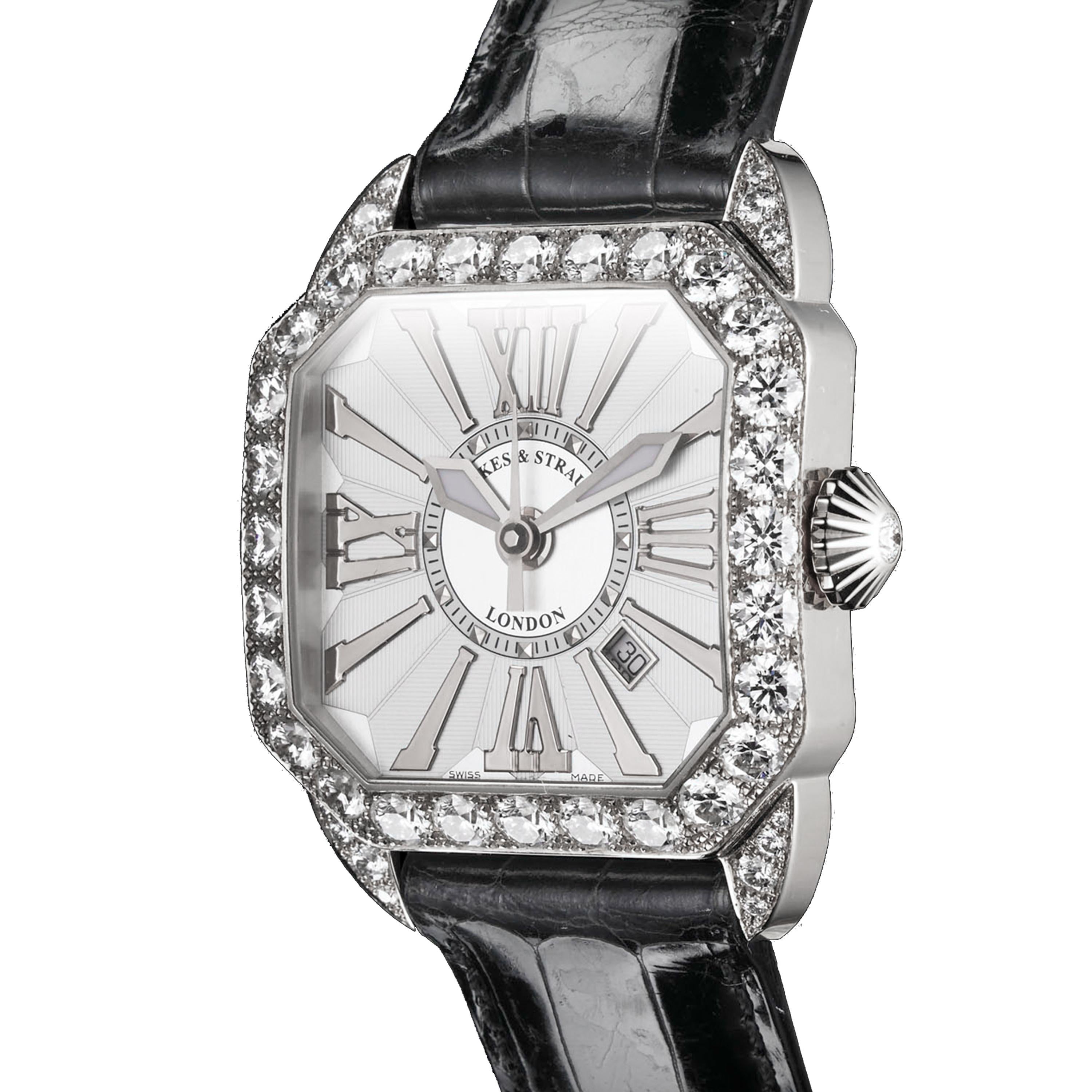 Berkeley 40 is a luxury diamond watch for men and women crafted in 18kt white gold, featuring the white dial with white gold Roman numerals, automatic movement. The case, buckle and crown are set with white Ideal Cut diamonds. It is a 40 mm elegant