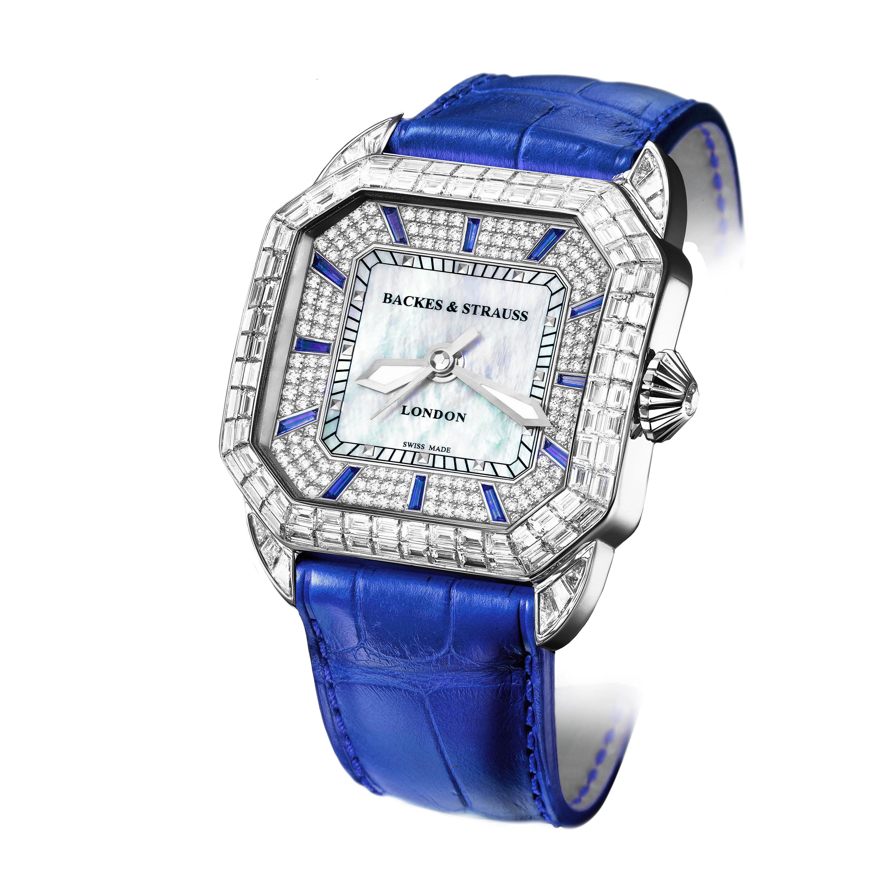 Berkeley Baguette Blue Velvet 40 is a luxury diamond watch for men and women crafted in 18kt white gold, featuring the mother-of-pearl dial with sapphire-set time indicators, automatic movement. The case, dial, buckle and crown are set with Baguette