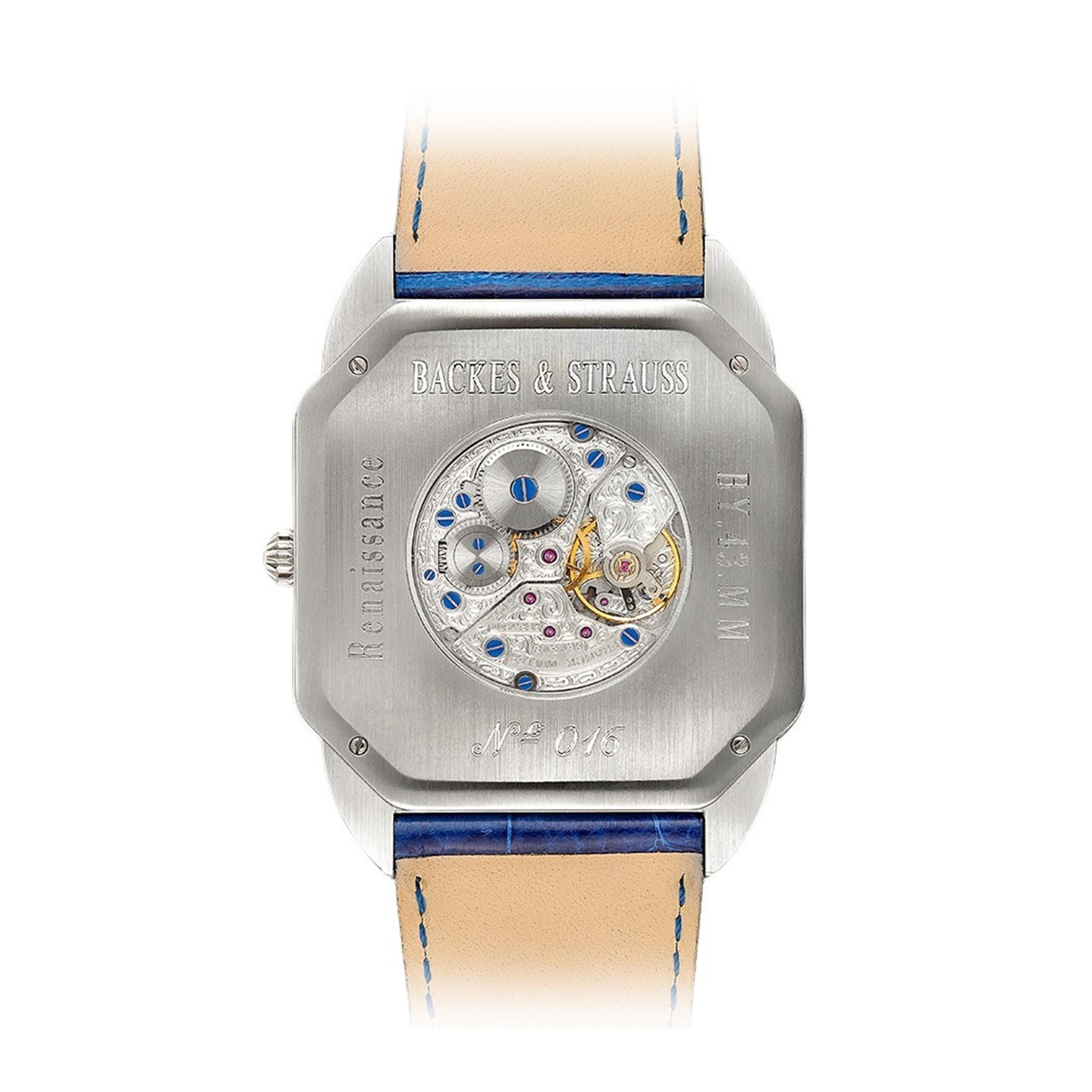 Berkeley Renaissance Steel 43 is a luxury diamond watch for men crafted in stainless steel, featuring a blue square dial with steel roman numerals, mechanical movement. The crown is set with white Ideal Cut diamond. It is a 43 mm casual watch with