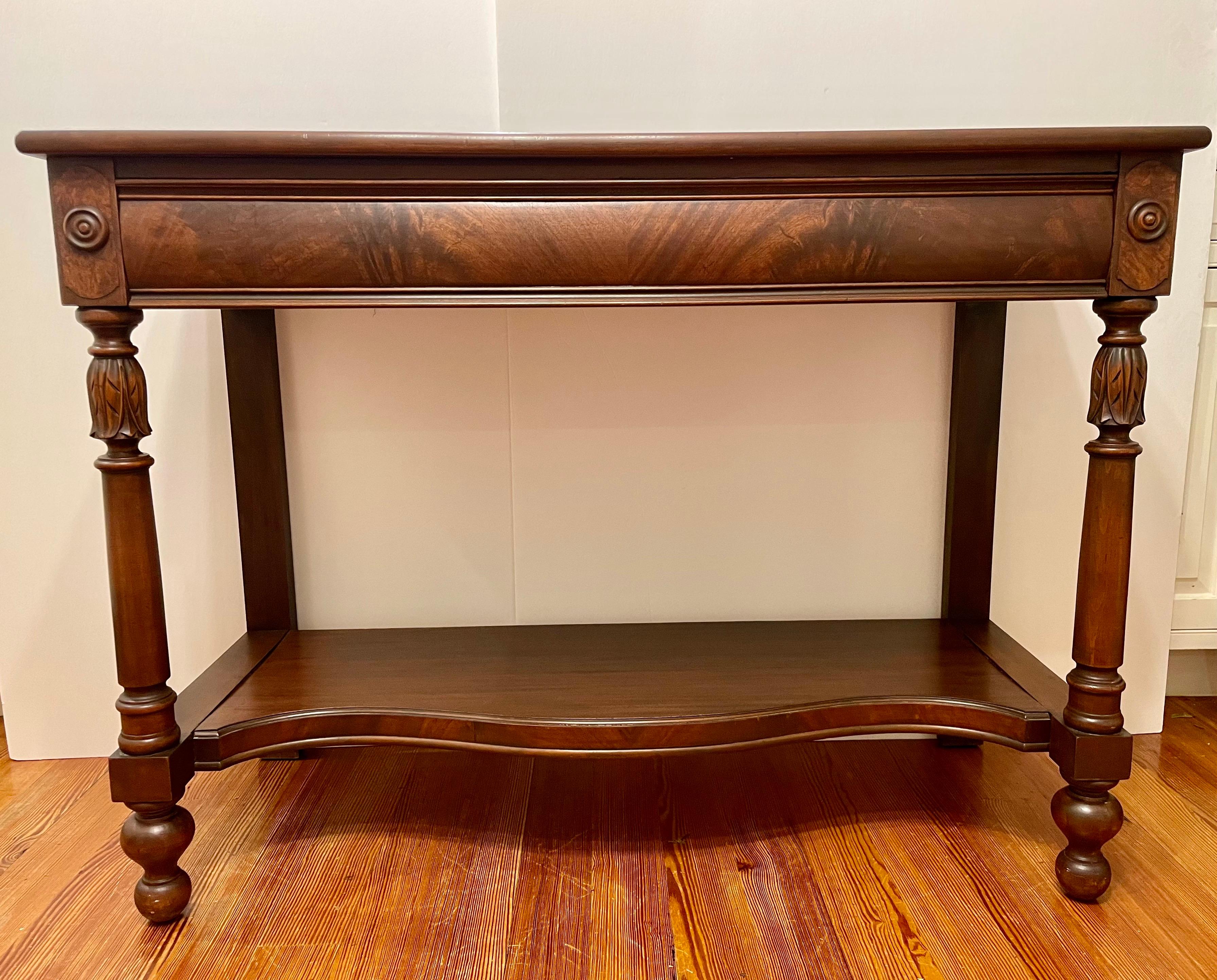 Great Quality Berkey And Gay Classical One Drawer Server in mahogany and walnut. Features a Single drawer with nicely detailed veneer. with dove tail joinery.  Serpentine shaped shelf below. 33