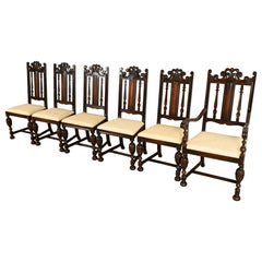 Berkey & Gay Antique English Jacobean Carved Walnut Dining Chairs, Set of Six