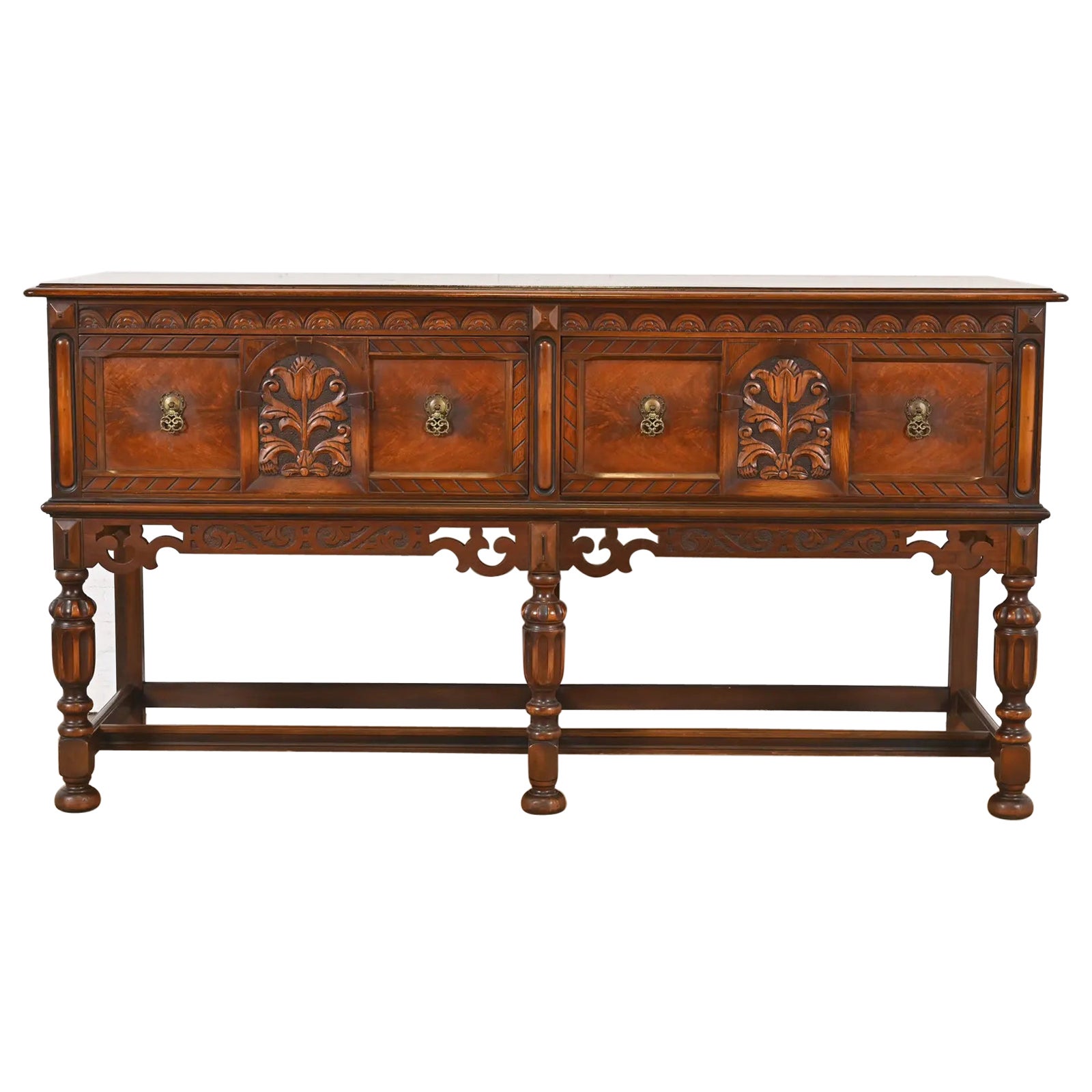 Berkey & Gay Antique English Jacobean Ornate Carved Walnut Sideboard, 1920s