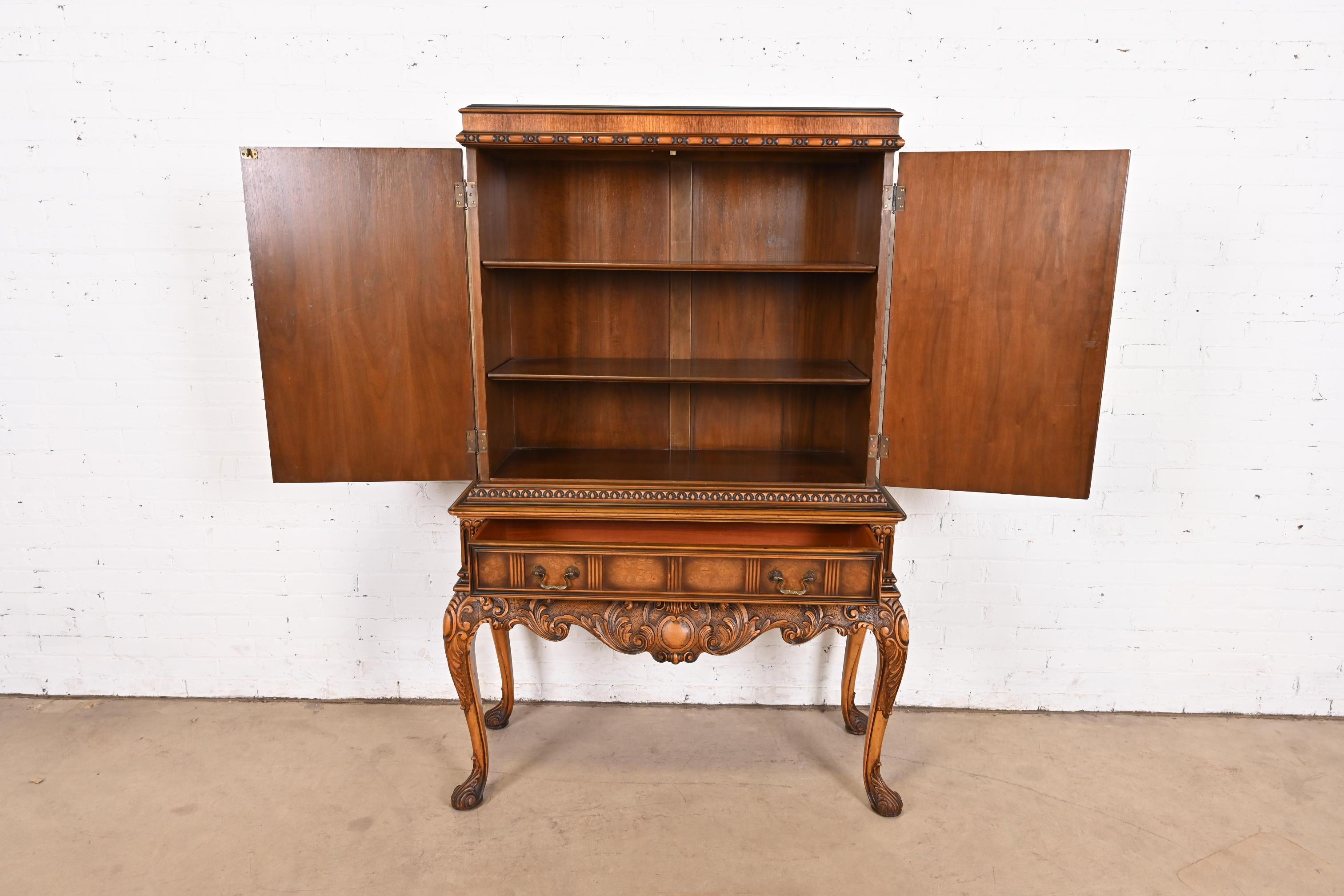 Brass Berkey & Gay Antique Georgian Chinoiserie Burled Walnut and Painted Bookcase For Sale