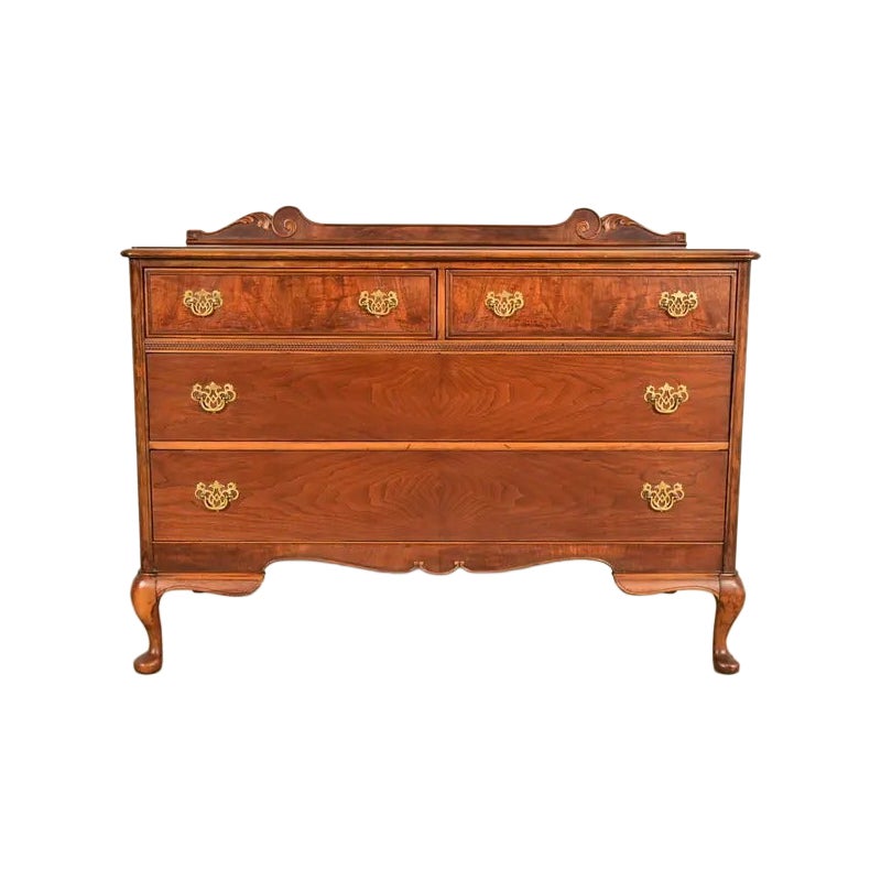 Berkey & Gay Antique Queen Anne Burled Walnut Four-Drawer Dresser, Circa 1920s