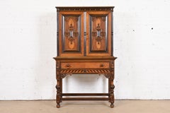 Berkey & Gay English Jacobean Walnut and Burl Wood Bookcase or Bar Cabinet
