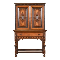 Berkey & Gay English Jacobean Walnut and Burl Wood Bookcase or Bar Cabinet