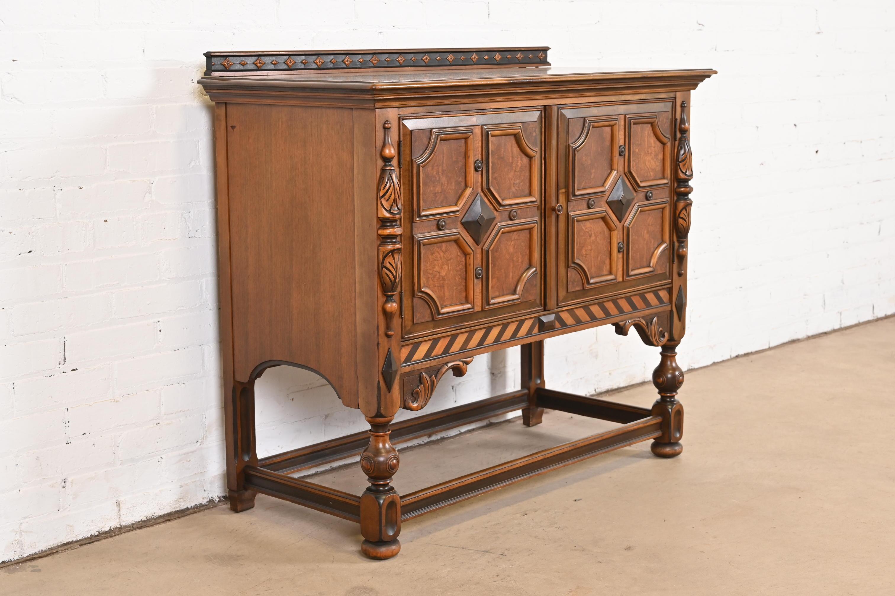 Berkey & Gay English Jacobean Walnut and Burl Wood Sideboard or Bar Cabinet In Good Condition In South Bend, IN