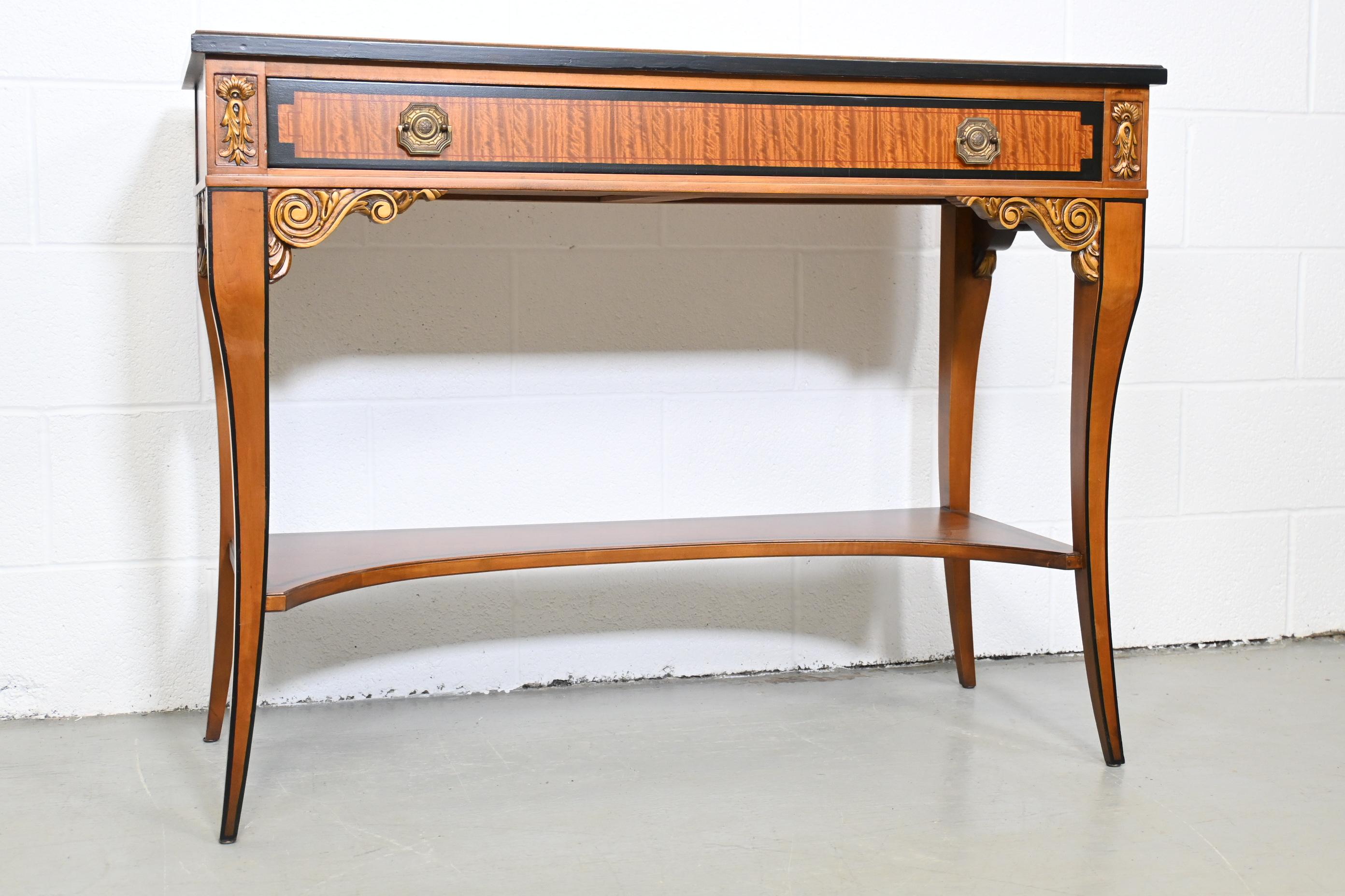 Berkey & Gay Console Table or Entry Table

Berkey & Gay, USA, 1920s

Measures: 42 Wide x 18 Deep x 32.25

1920s hand crafted antique console table with hand painted details and brass pulls.

Professionally Restored. Great antique condition