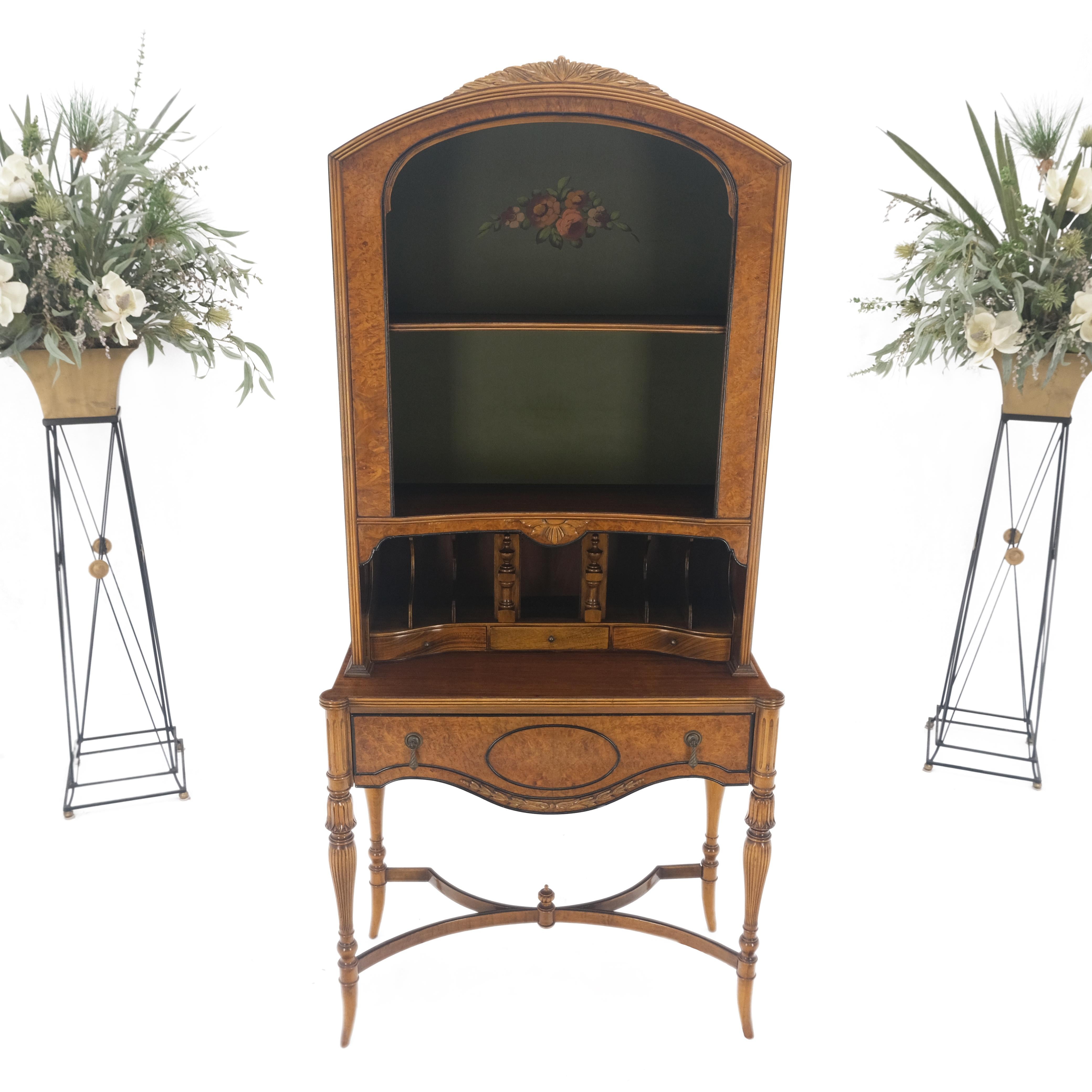 Lacquered Berkey & Gay Painted Decorated Petit Secretary Display Cabinet with Shelves Burl For Sale